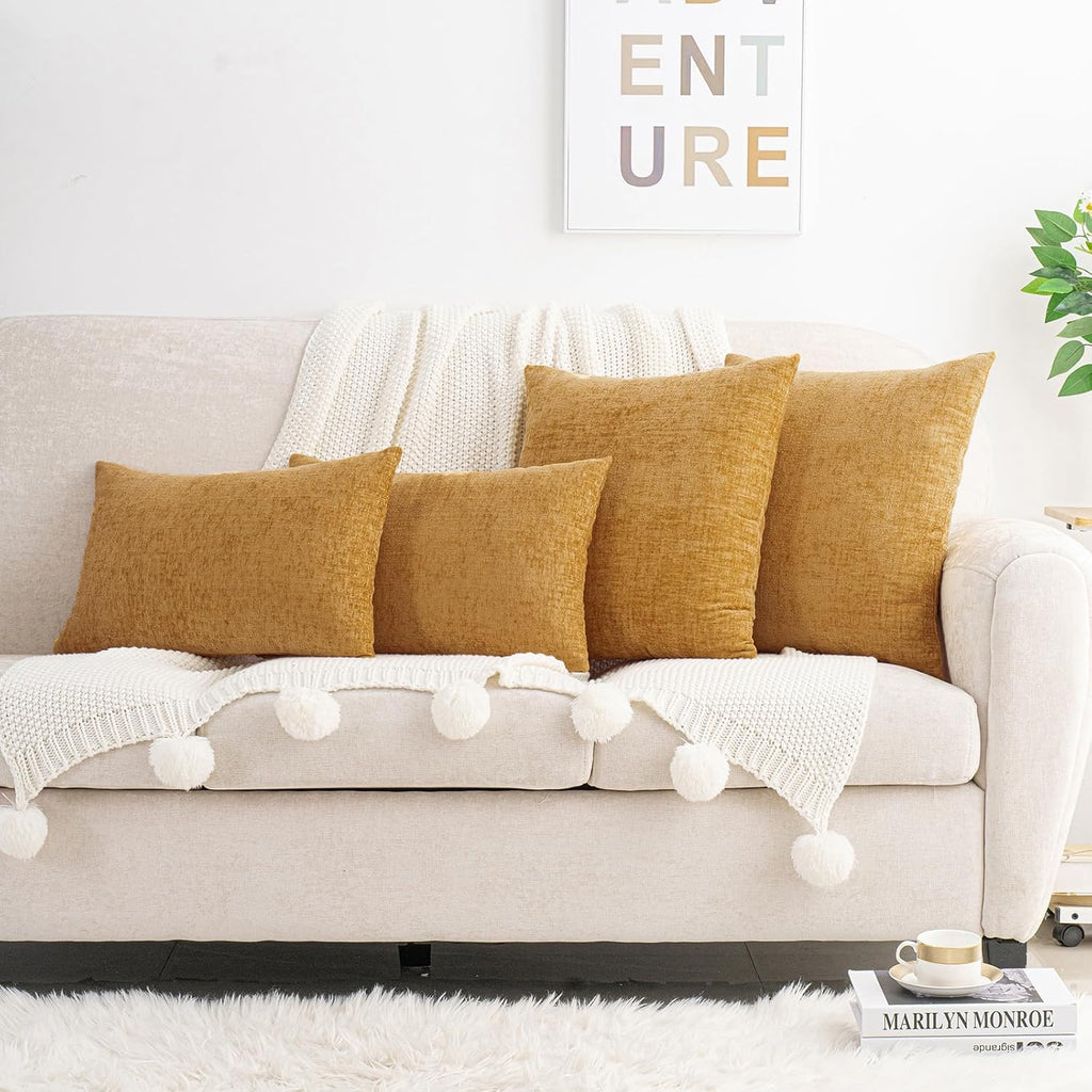 Hwy50 HWY 50 Gold Couch Pillow Covers 16x16 Inch Pack of 2, Soft Chenille Decorative Throw Pillow Cases Farmhouse for Sofa Living Room Bed…