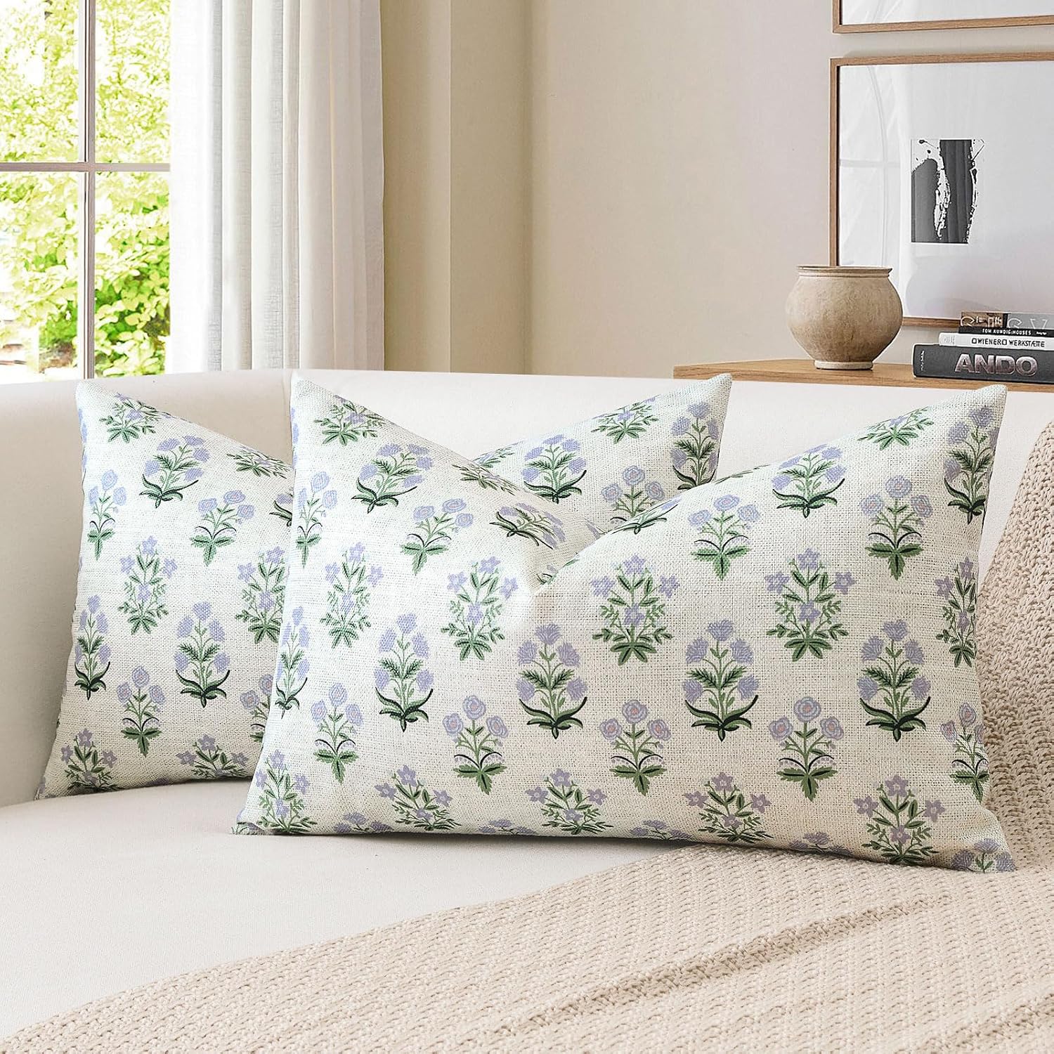 OTOSTAR Floral Print Pillow Covers 16x24 Inch Pack of 2 Double-Sided Blue Green Flower Lumbar Throw Pillow Covers Farmhouse Rustic…