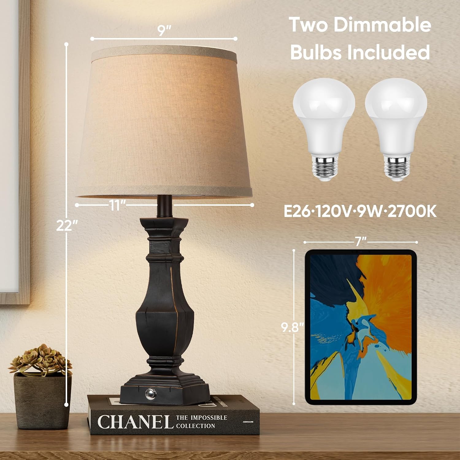 ROTTOGOON Dimmable Table Lamps Set of 2, Rustic Farmhouse Table Lamps for Living Room Bedroom, Bedside Desk Lamps for end Tables, Touch…
