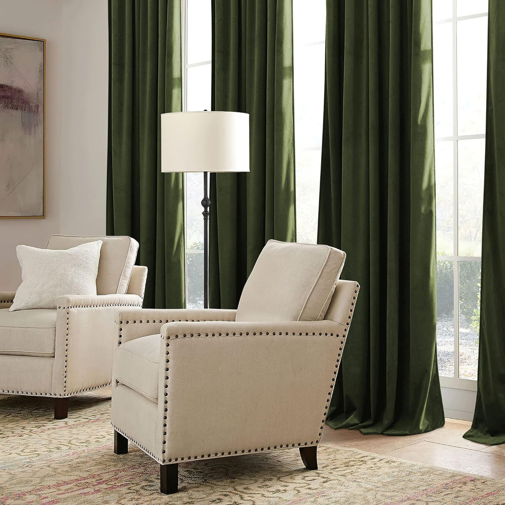 Rybhome RYB HOME Green Velvet Curtains 108 inch, Solid Room Darkening Window Curtains for Living Room Light & Draft Block Privacy Backdrop…