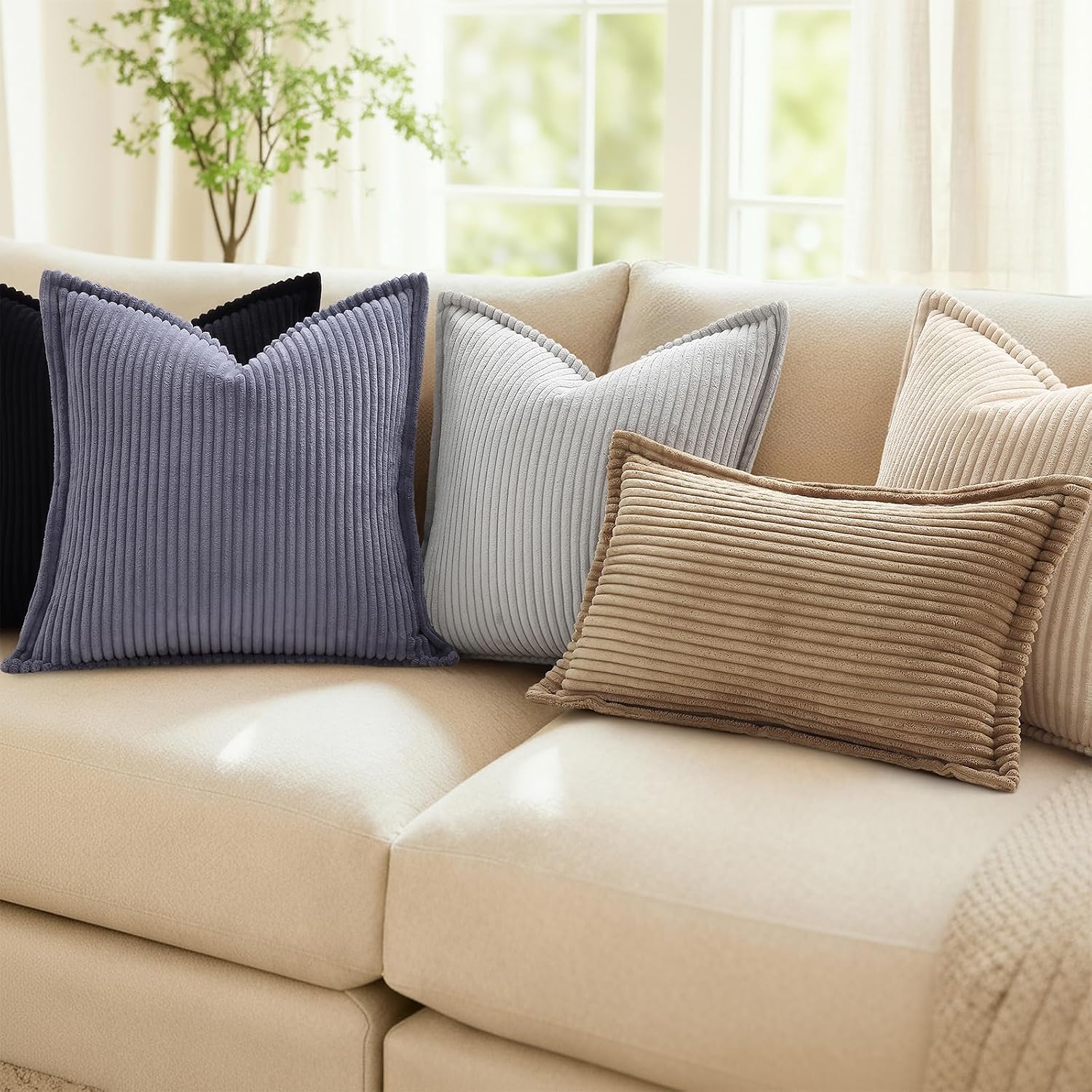 Mecatny Corduroy Summer Throw Pillow Covers 12x20 Set of 2, Neutral Decorative Soft Boho Lumbar Couch Pillow Covers with Broadside for…