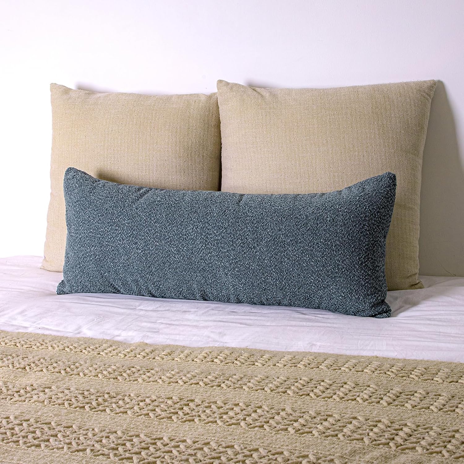 JoraLion 14x36 Boucle Lumbar Pillow Cover, Dusty Blue Woven Texture Neutral Long Pillow Cover Breathable Cushion Case for Couch Sofa Bed…