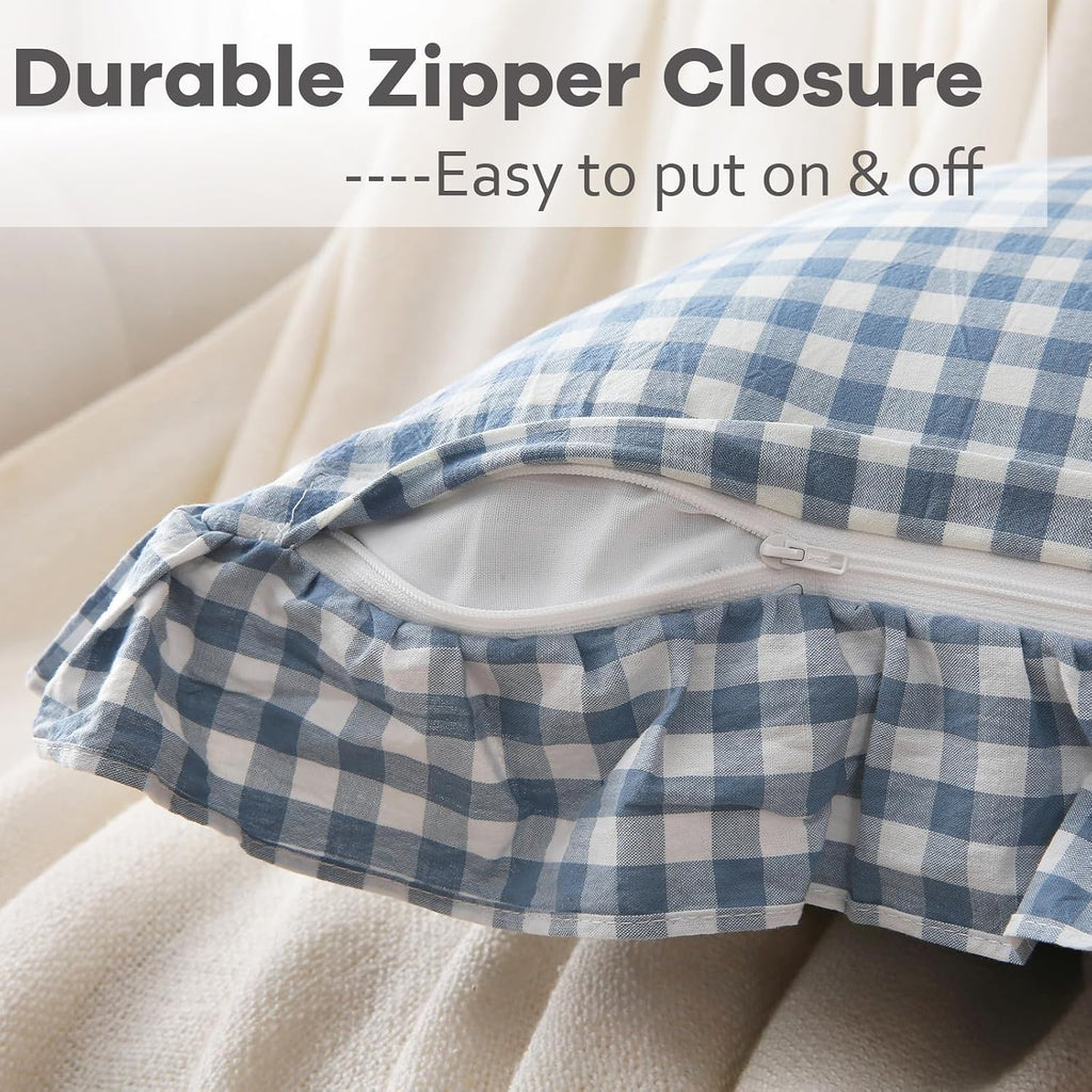 Kmasaniji 2 Pack Dust Blue White Plaid Gingham Ruffle Throw Pillow Covers, 100% Washed Cotton Decorative Buffalo Checkered Farmhouse Pillow…
