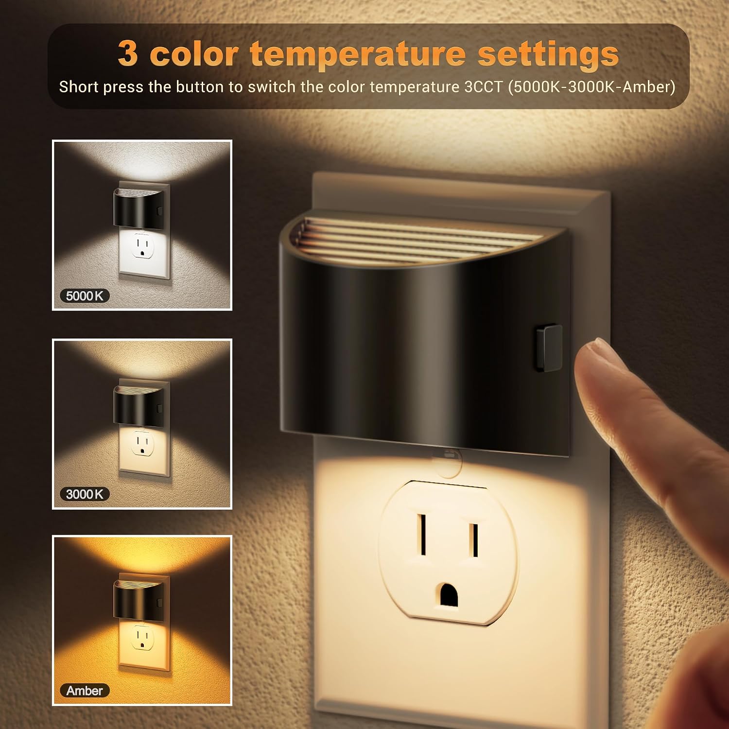 JandCase LED Night Lights Plug into Wall 2 Pack, Automatic Night Light with Dusk to Dawn Sensor, 0-100LM, 3000K/4000k/5000K Adjustable Nigh…