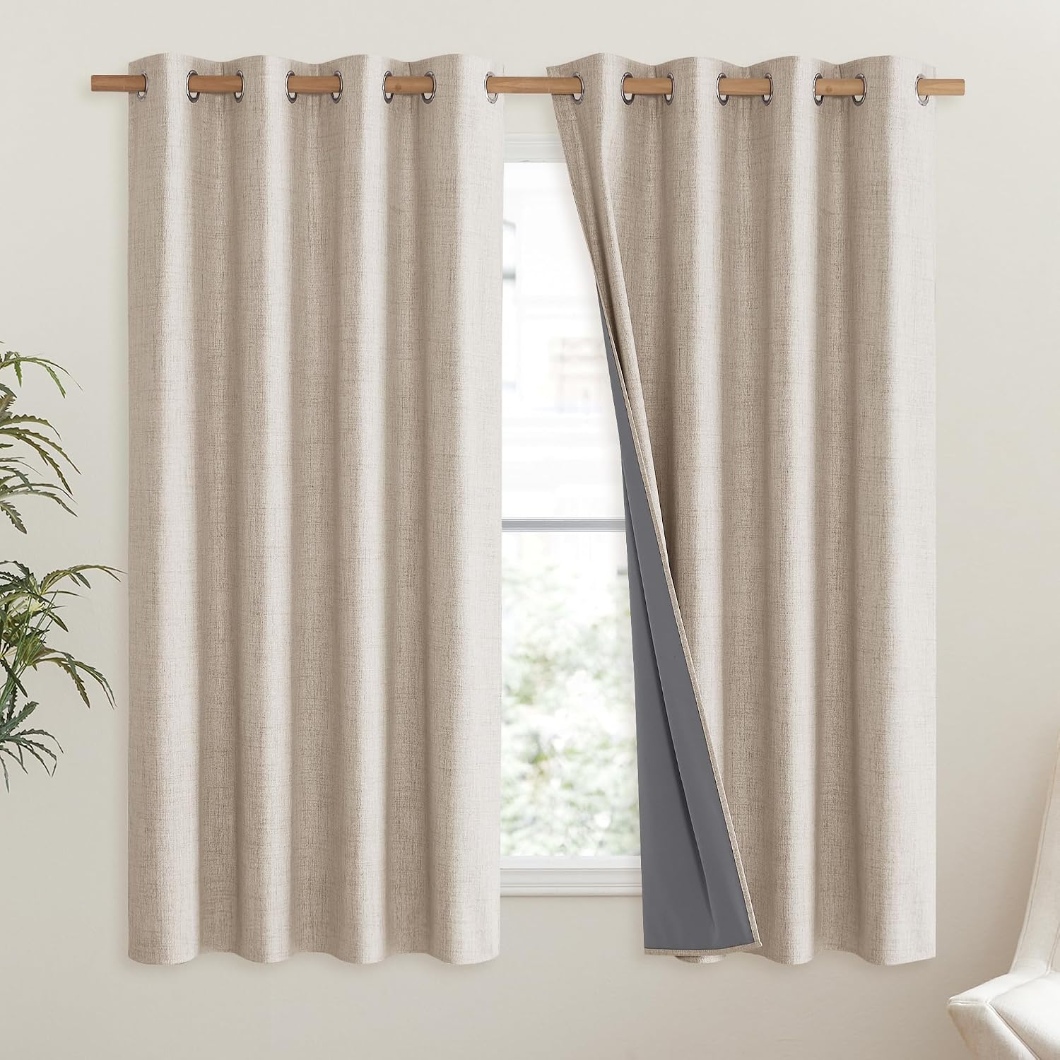 NICETOWN Cream Linen Complete Blackout Curtains 48 inches for Kids Room, 2 Panels, Thermal Insulated & Noise Reducing Window Draperies…