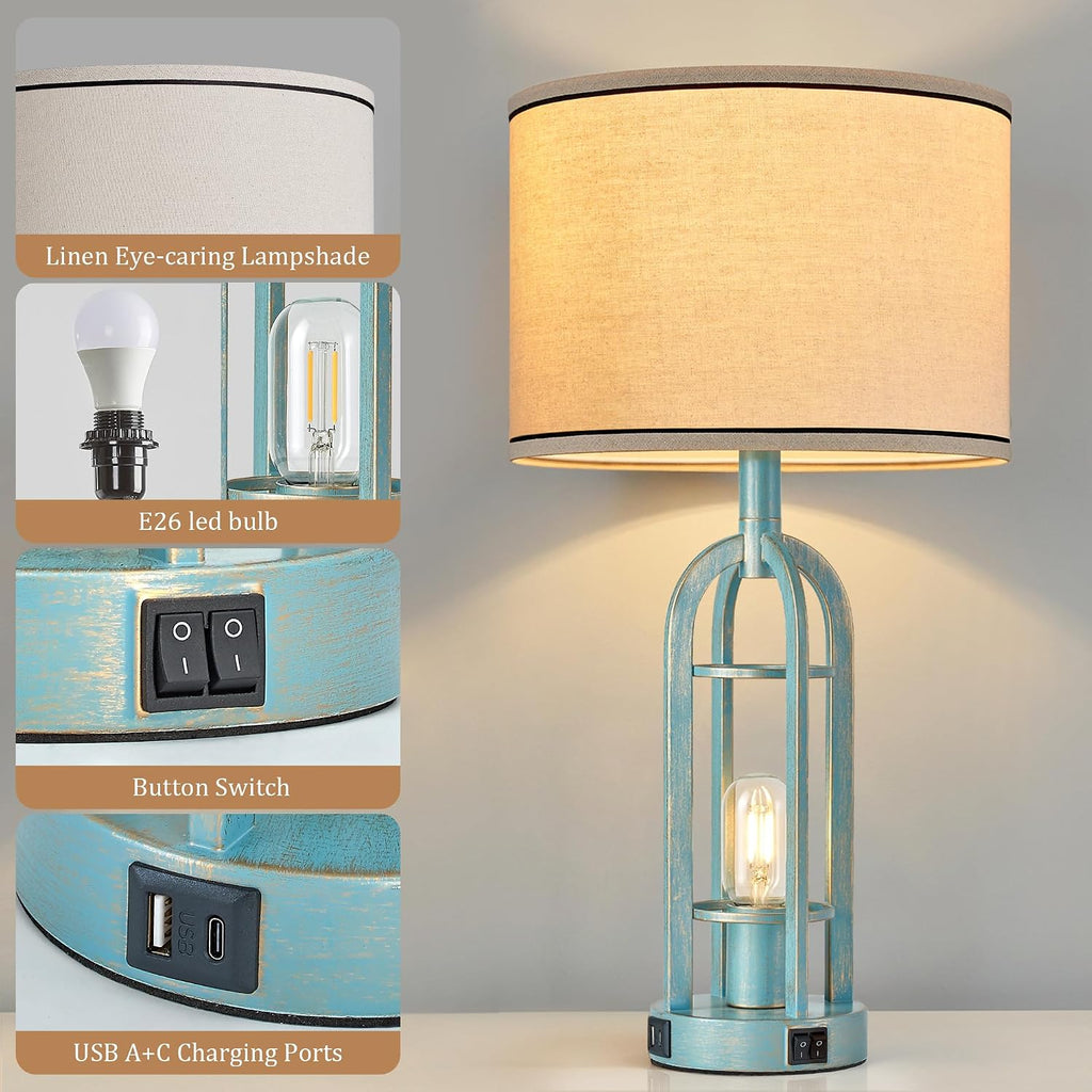 SRJJA Table Lamps for Living Room Set of 2 - Modern Farmhouse Lamps for Night Stands with Night Light & USB A+C, 24" Vintage Bedside Lamp…