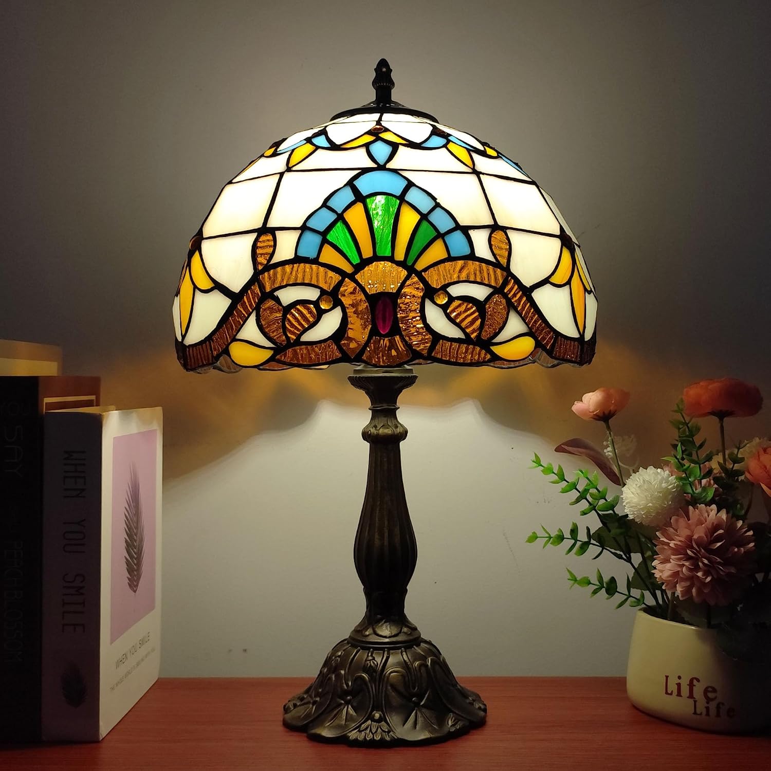 Tiffany Table Lamp 12X12X19 Inch Yellow Baroque Style Stained Glass Lamp Antique Bedside Desk Reading Light for Bedroom Living Room Home…