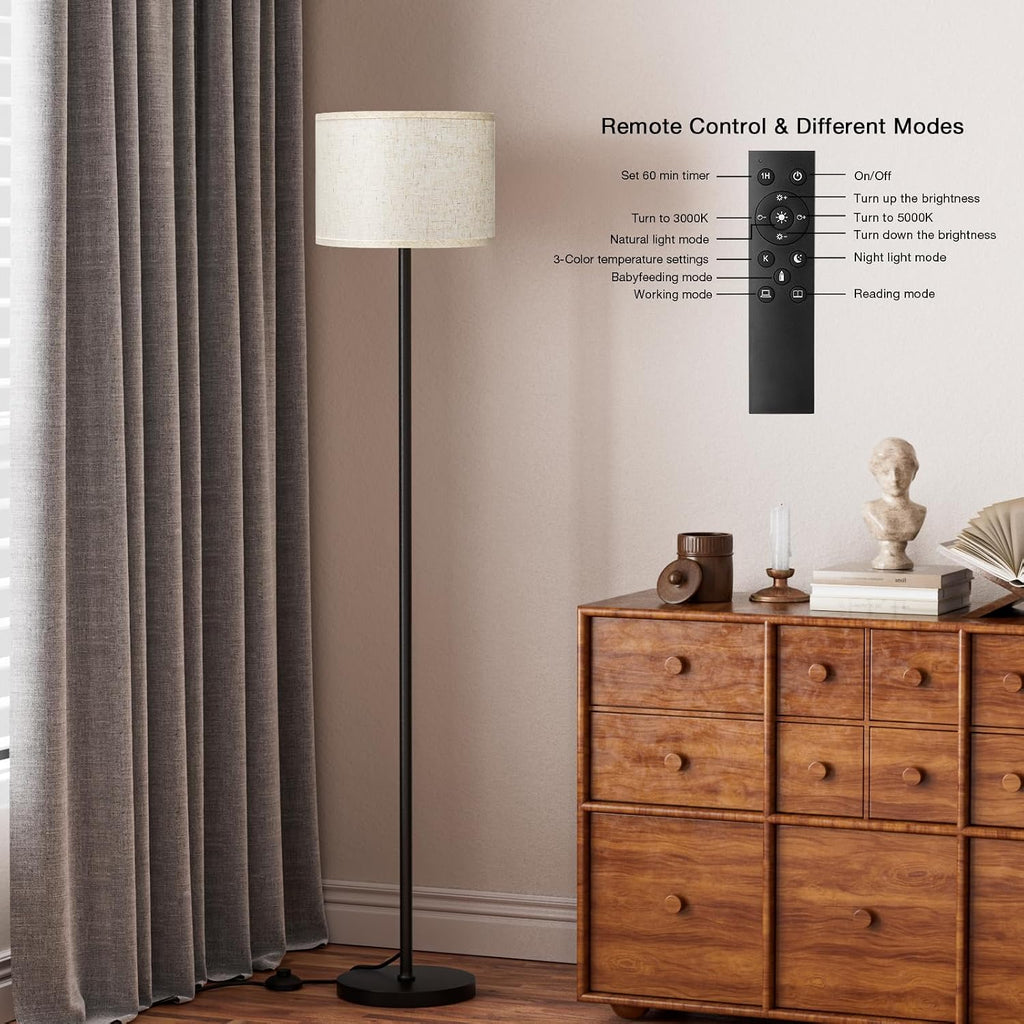 Ambimall 60'' Modern Floor Lamp with Remote, Tall Lamps for Living Room, Bedroom, Office, Dining Room, Beige Shade with Black…