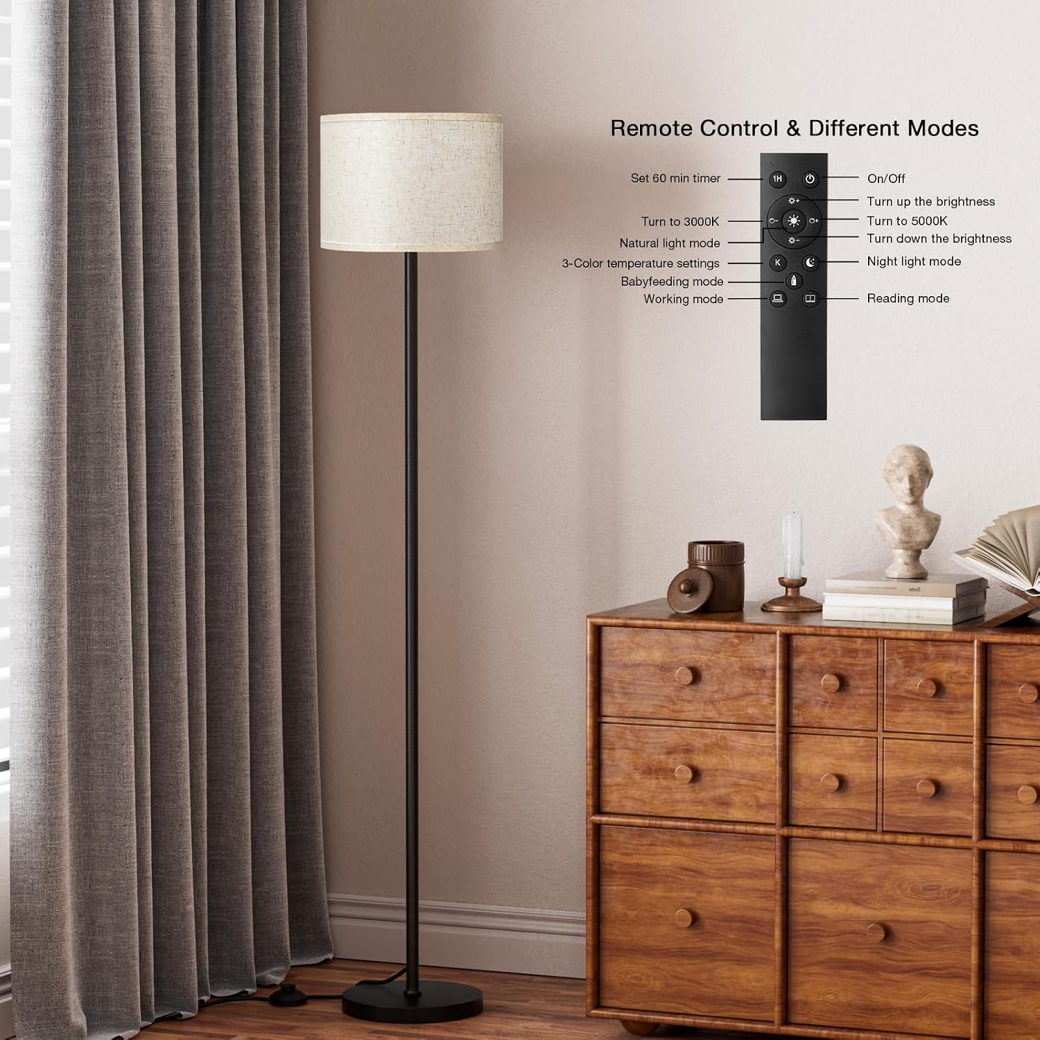 Ambimall 60'' Modern Floor Lamp with Remote, Tall Lamps for Living Room, Bedroom, Office, Dining Room, Beige Shade with Black…