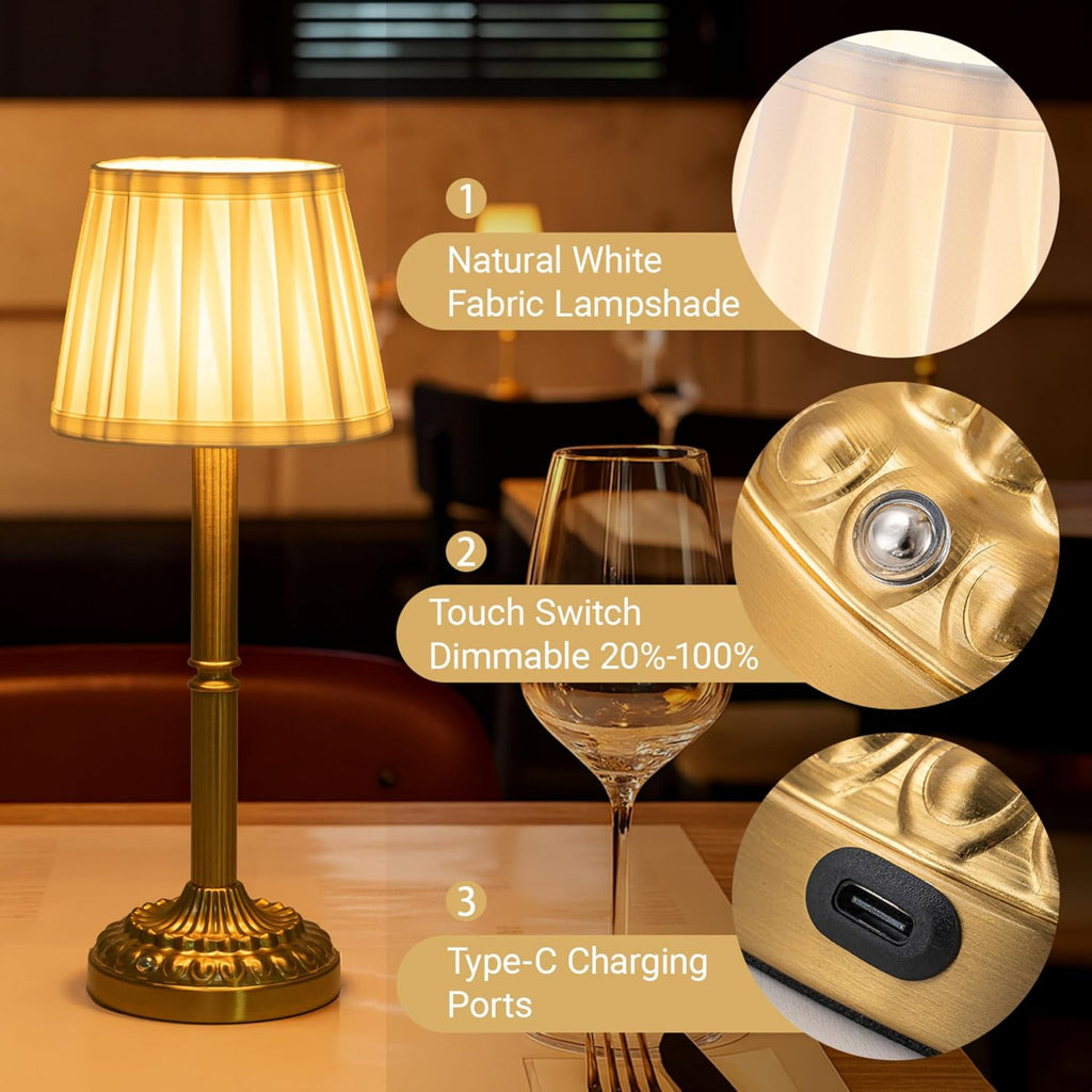 Cordless Table Lamp with Touch Control, Small LED Bedside Lamp with Pleated Shade, 3 Brightness Levels Nightstand Lamp for Bedroom…
