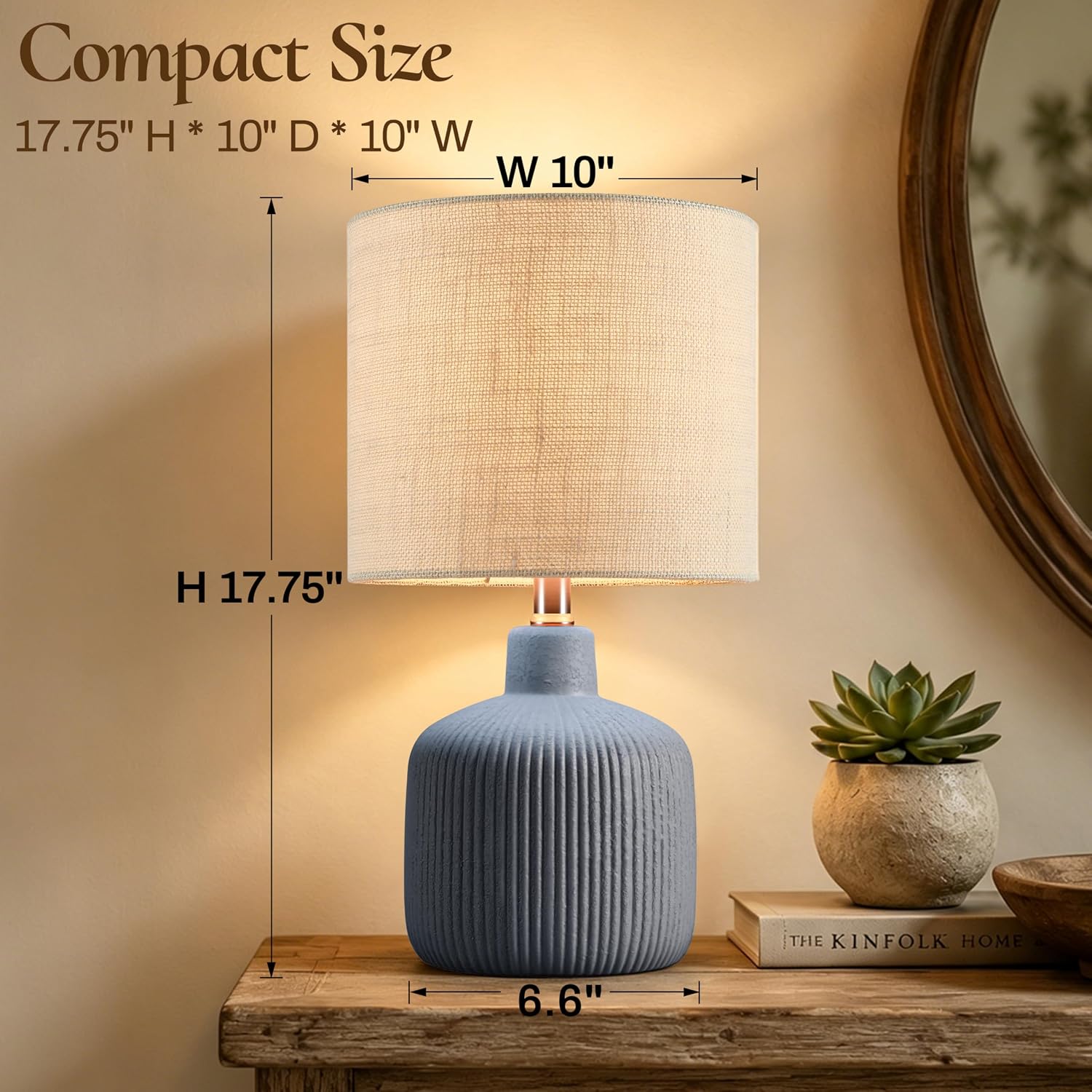 Ceramic Table Lamp, 17.75" Nautical Bedside Lamp with Beige Linen Shade, Warm Ambient Nightstand Lighting for Beach House, Navy Blue