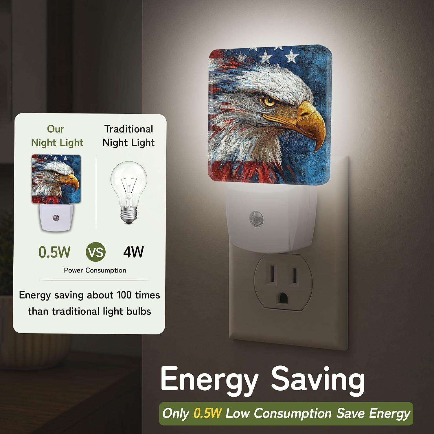 Night Light, Patriotic Bald Eagle Night Lights Plug into Wall Decor for Bedroom Bathroom Hallway Kitchen, Dusk to Dawn Sensor Gift for…