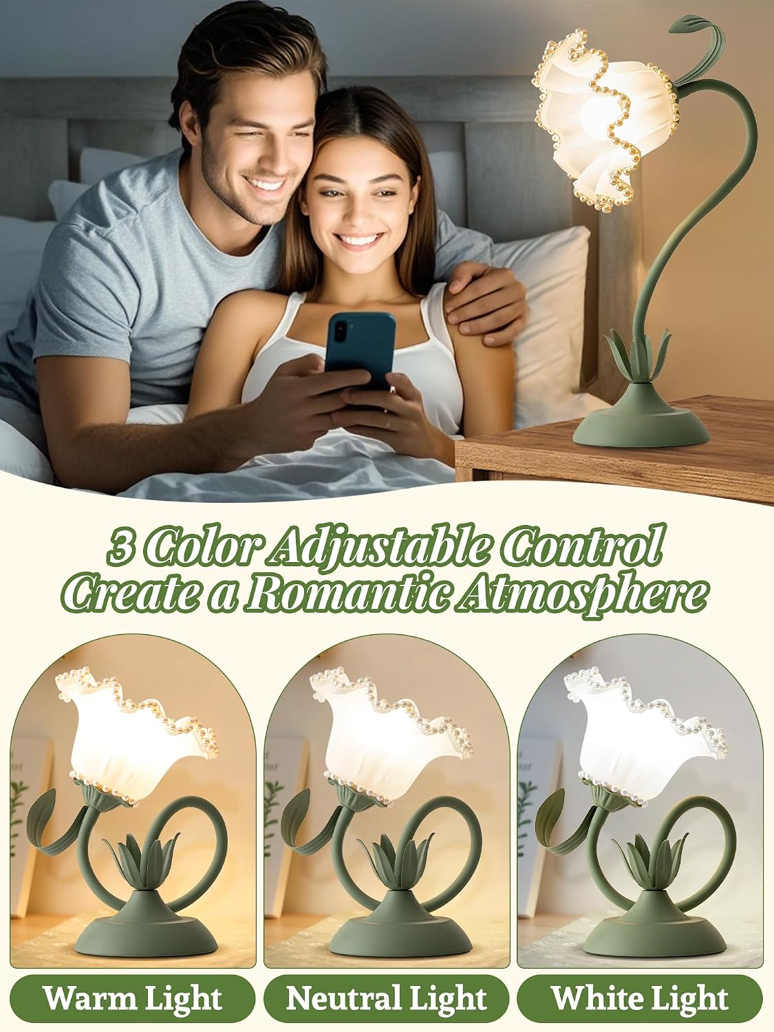 Flower Table Lamp Bedside Lamps LED Reading Light,3 Color Modes Cute Small Lamp, Vintage Flower Lamp Kawaii Table Lamp for Bedroom Living…