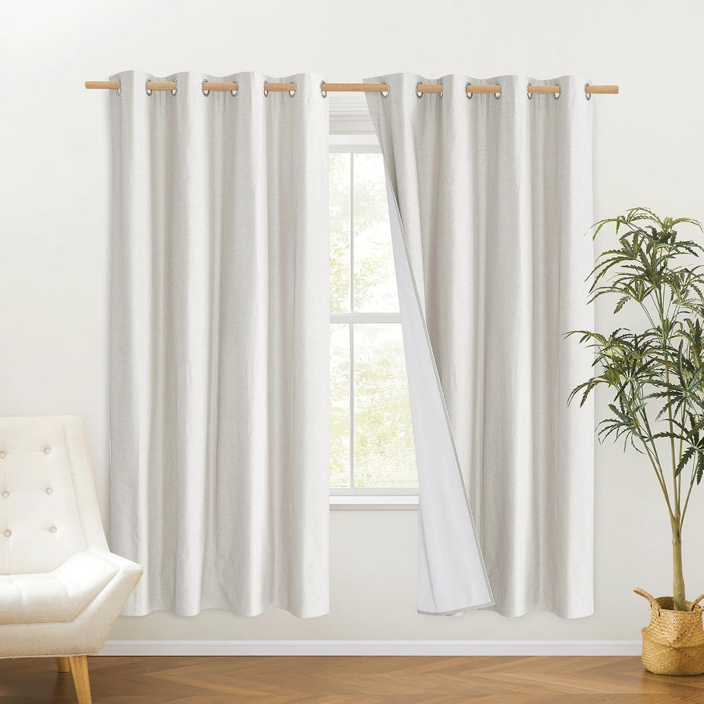 NICETOWN 100% Absolutely Blackout Linen Curtains with Thermal Insulated White Liner, Ivory, 52" Wide, 2 Pieces, Privacy Vertical Window…