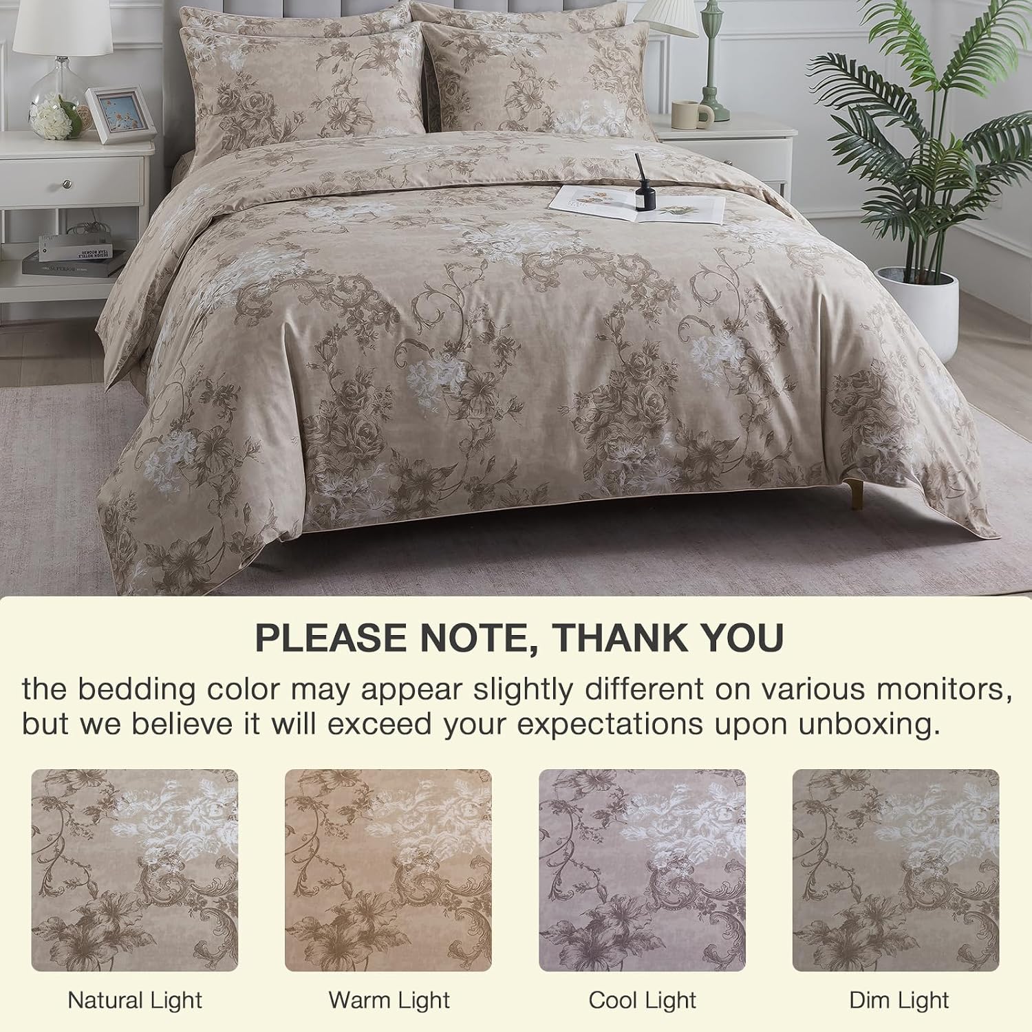 Puralens Dark Beige Moody Floral Duvet Cover, King 100% Cotton Percale Neutral Flower Comforter Cover Set, Shabby Chic Cottage Reversible T…