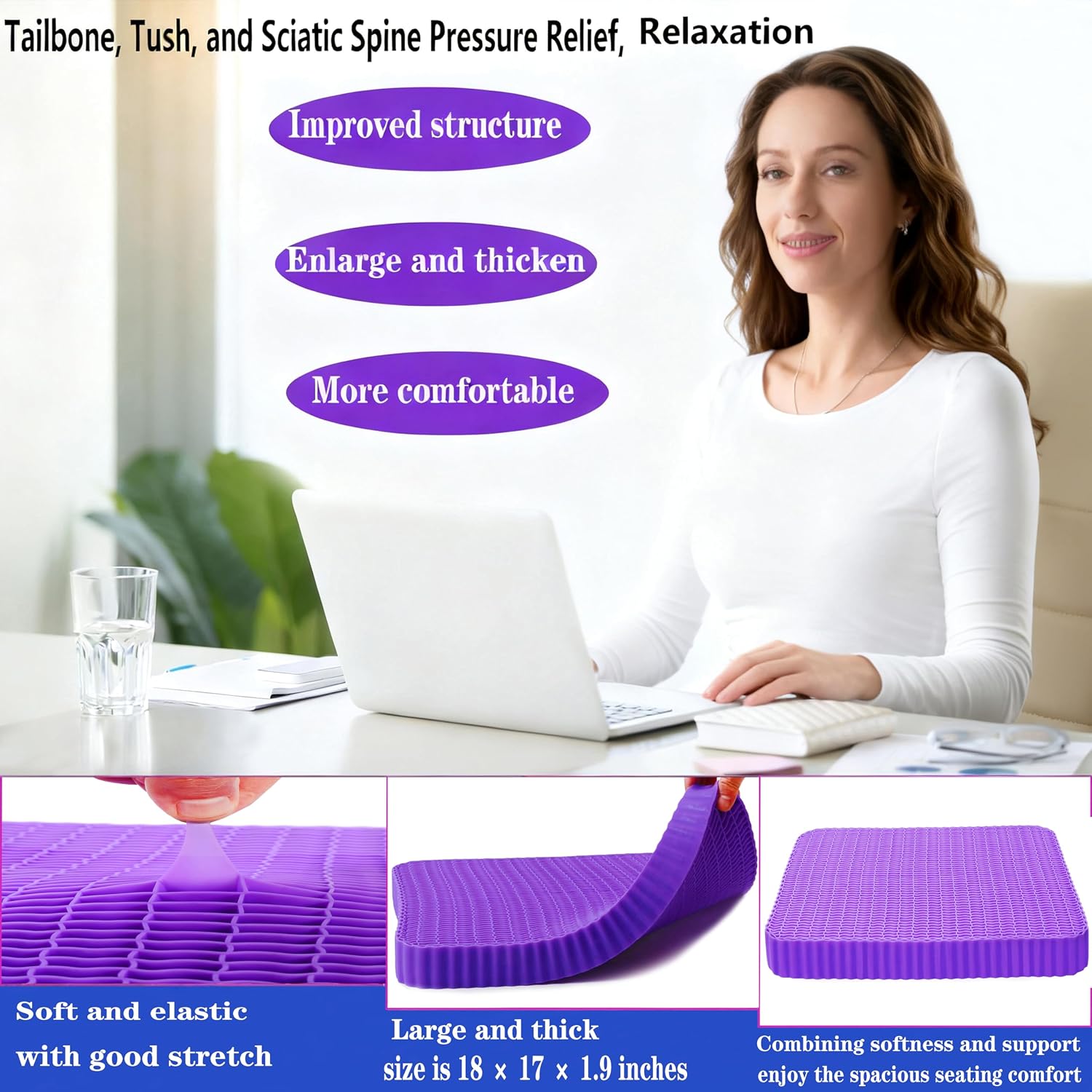 Auvivasital Innovative Gel Seat Cushion for Long Sitting, Soft and Breathable, Seat Cushion for Back, Sciatica, Hip, Tailbone, Used…
