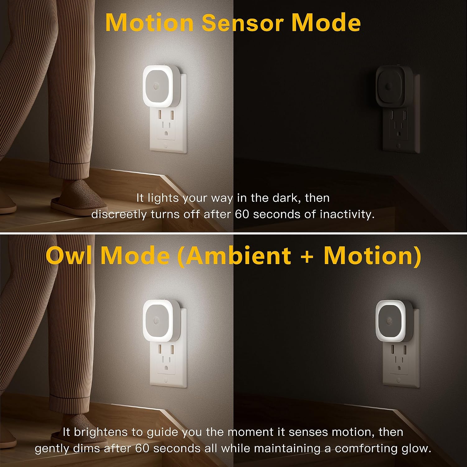 YUNLEX 2 Pack Plug in Night Light with Motion Sensor & Dusk to Dawn Sensor, 3 Sensor Modes, Night Lights Plug into Wall, Auto ON/Off…