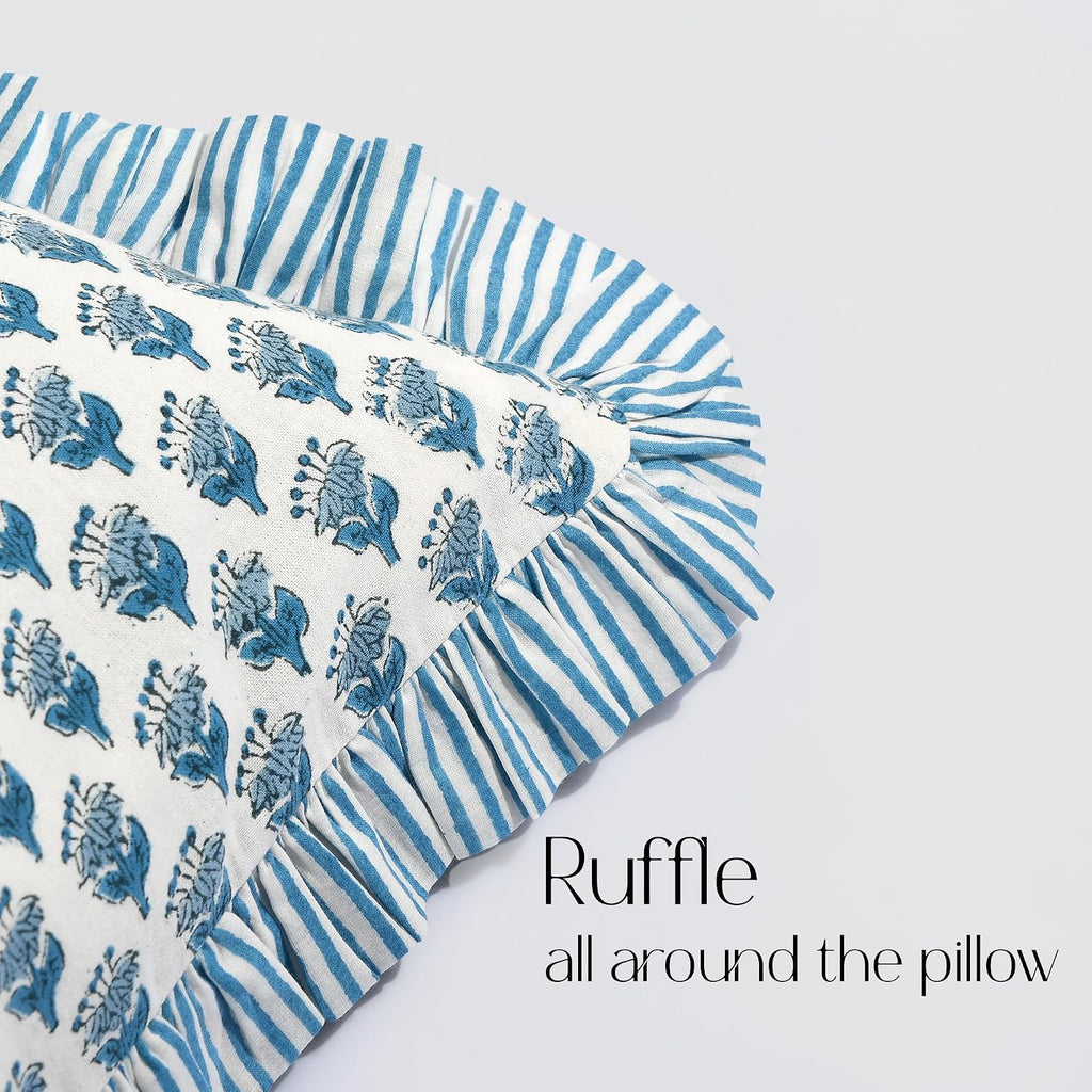 Cottonprintclub CPC Hand Block Print Apatite Blue Ruffle Sham Pillow Cover 36" x 14" inch Hidden Zipper Decorative Pillowcase for Couch, Be…