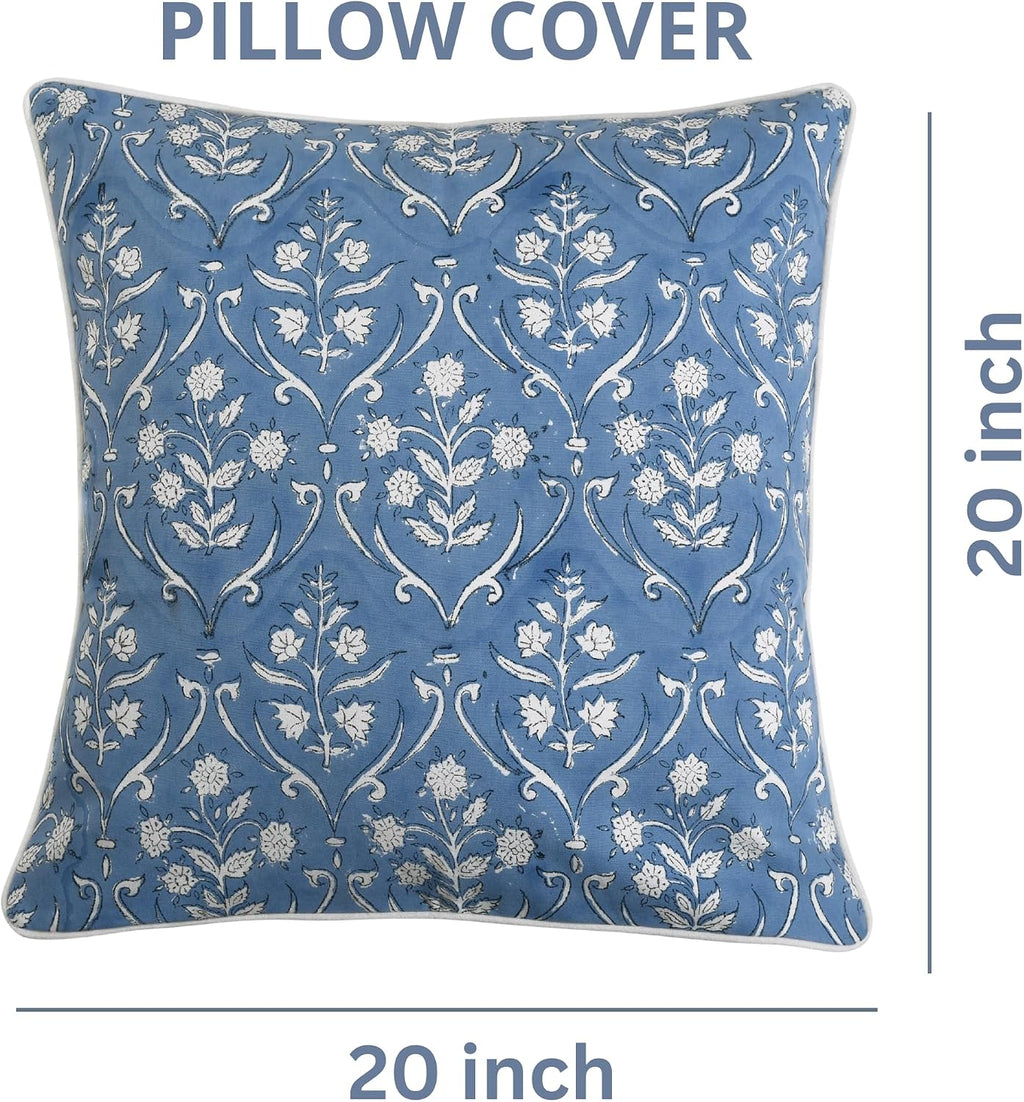 Ridhi Block Print Cornflower Blue Pillow Cover 20" x 20" (Pack of 2) Decorative Couch Pillows for Living Room, Chic Boho Cute Outdoor Pillo…