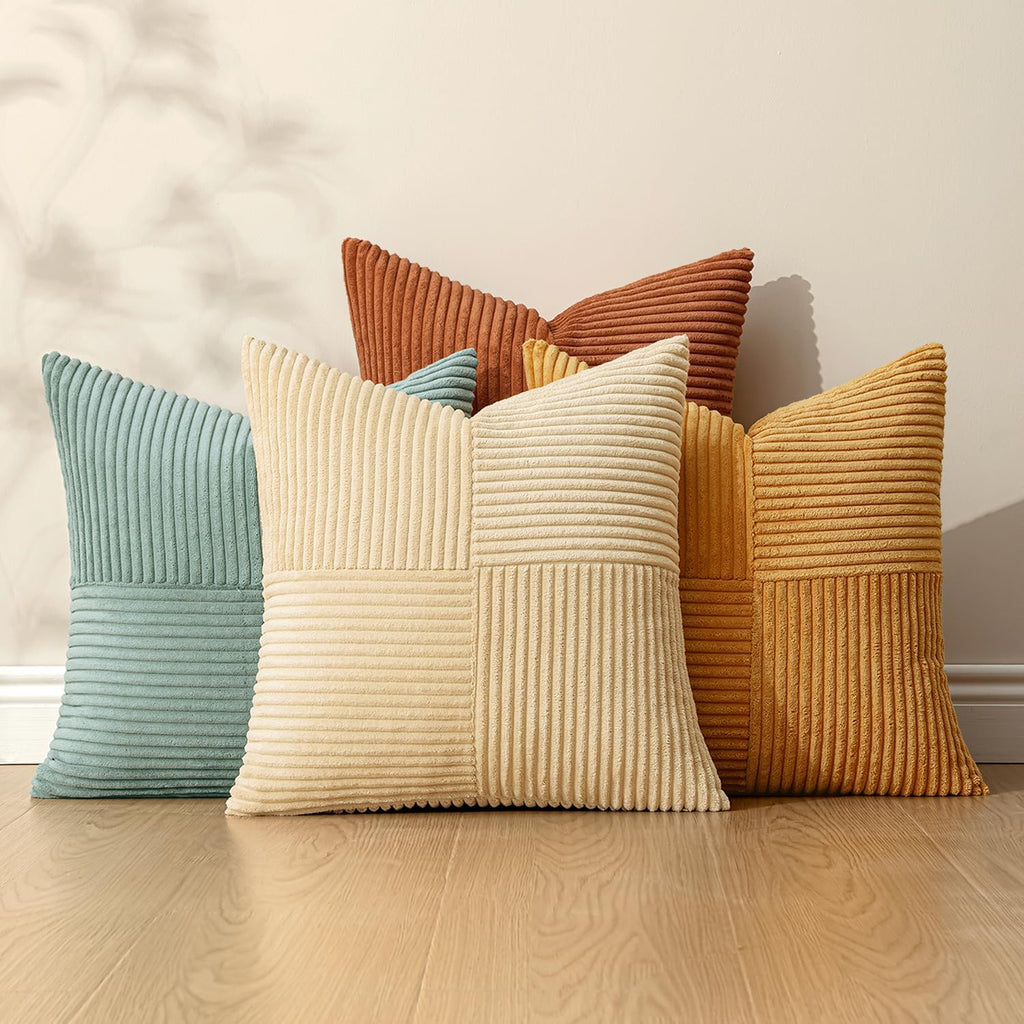 Miulee Boho Farmhouse Decorative Throw Pillow Covers 18x18 Inch 4 Packs Soft Vintage Pillow Cases Modern Corduroy Patchwork Cushion Covers…