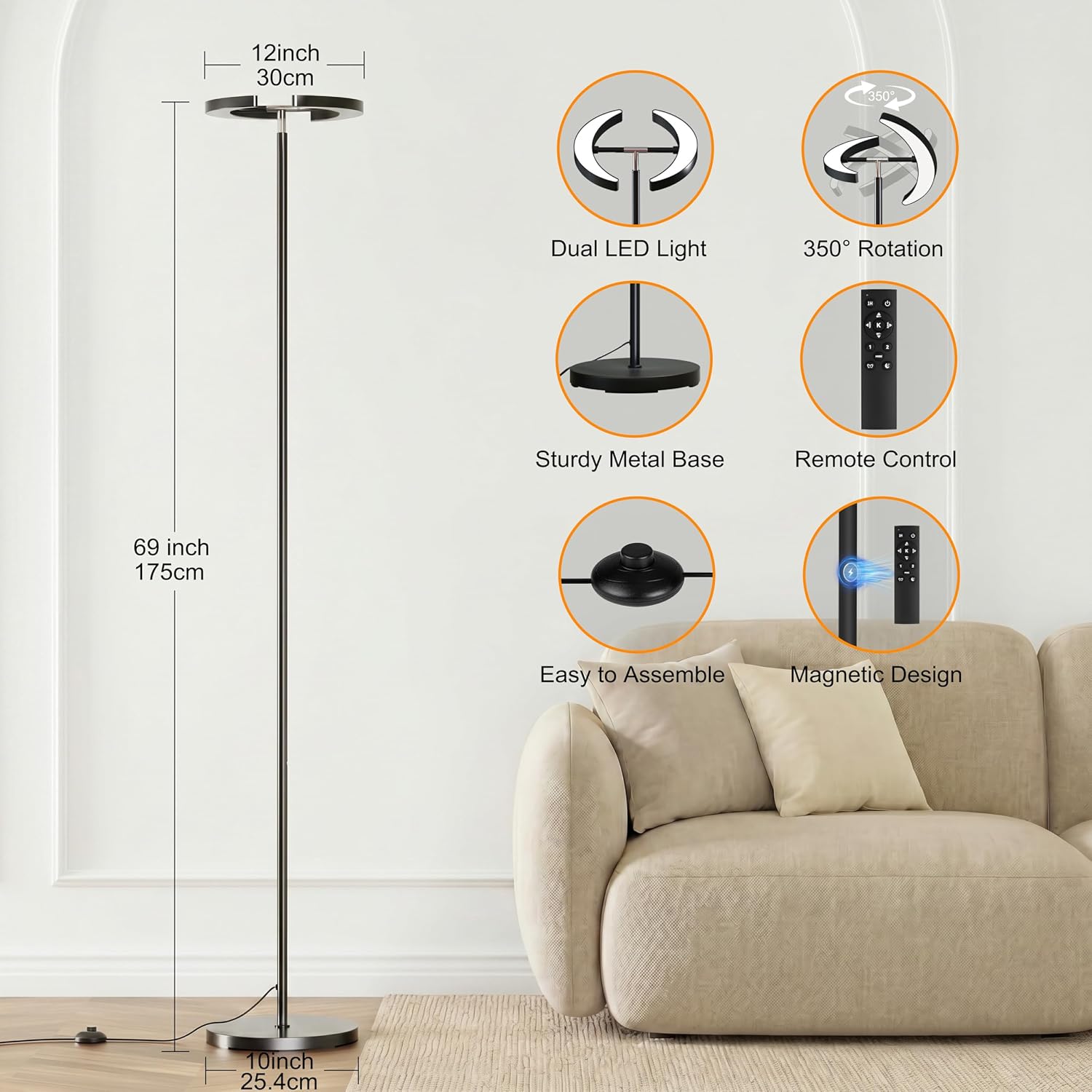 mukuxin Floor Lamp, 32W 2200lm LED Floor Lamp, Dimmable Floor Reading Light with 2 Rotatable Lights, Foot Pedal & Remote Control…