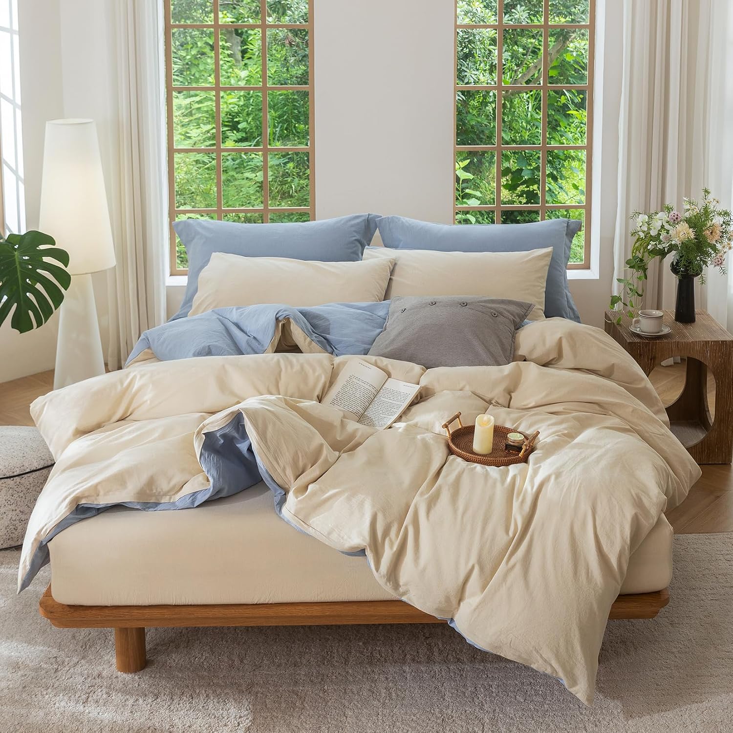 Bdear 3 Pieces Reversible Duvet Cover Set Oversized Queen Size 98x98 inch,100% Washed Cotton Duvet Cover Plus 2 Pillowcases, Double Sided w…