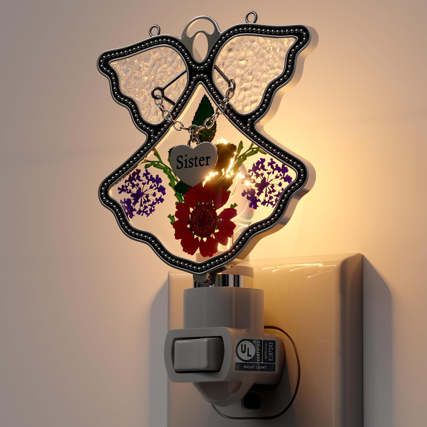 KY&BOSAM Angel Sister Night Light Flower in Glass with Metal Trim Sister Heart Night Light Nursery Bedroom Bathroom Decorative Accent…