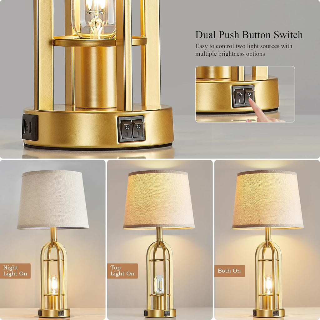 SRJJA Gold Table Lamps for Living Room Set of 2 - Modern Farmhouse Bedside Lamps for Bedroom Night Stands with Nightlight and USB A+C…