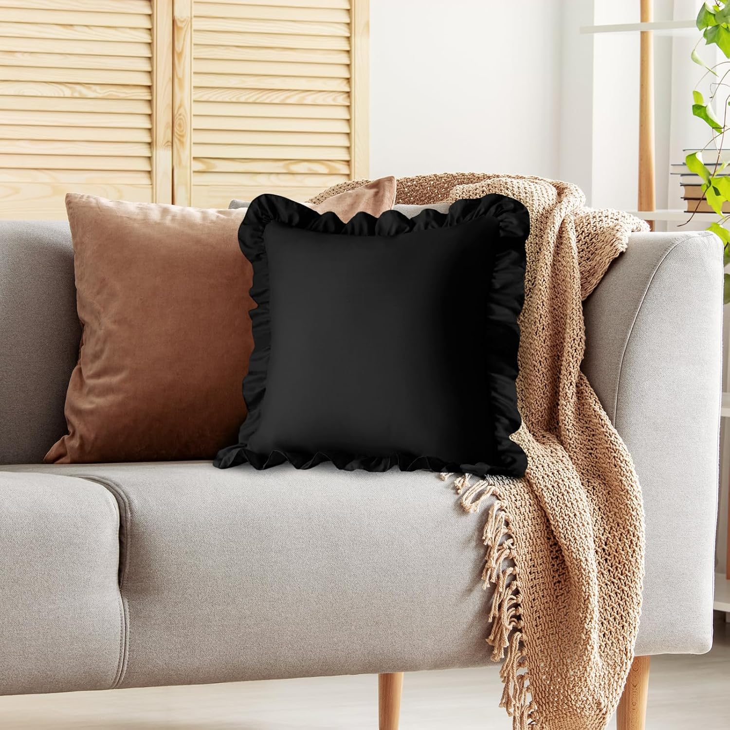 KKJIAF Ruffle Pillow Cases 26x26 Inches, Black Square Ruffled Pillow Covers Set of 2, Microfiber Wrinkle Resistant Pillow Shams with…