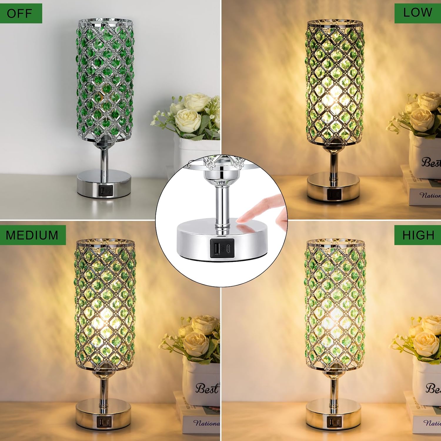 Hong-in Green Crystal Table Lamp - 3-Way Dimmable Touch Control, Bedside Lamp with USB C and A Ports, Nightstand Light for Living Room…