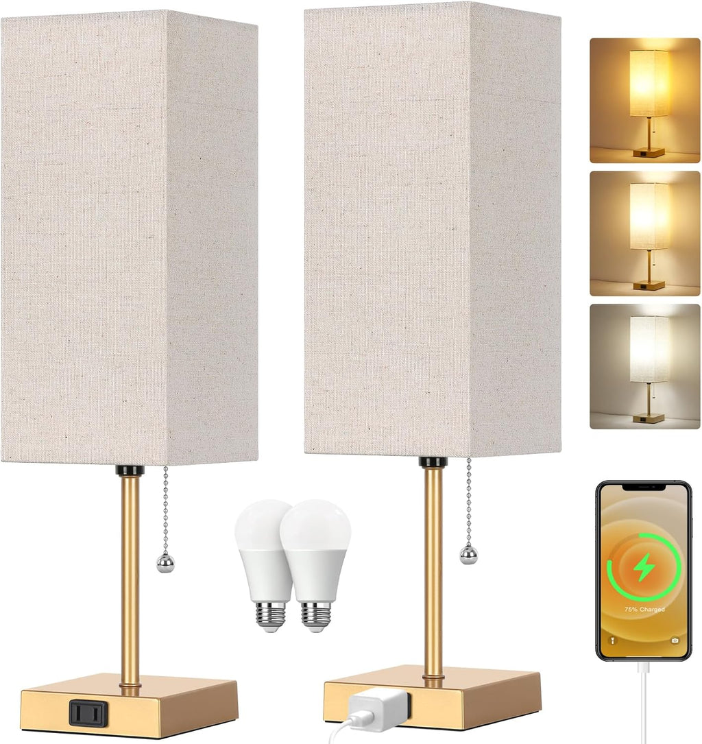 Table Lamp for Bedroom set of 2,3-Color Bedside Lamps with Pull Chain Table Lamps for Nightstand with AC Outlets,18'' Night Light Lamps…