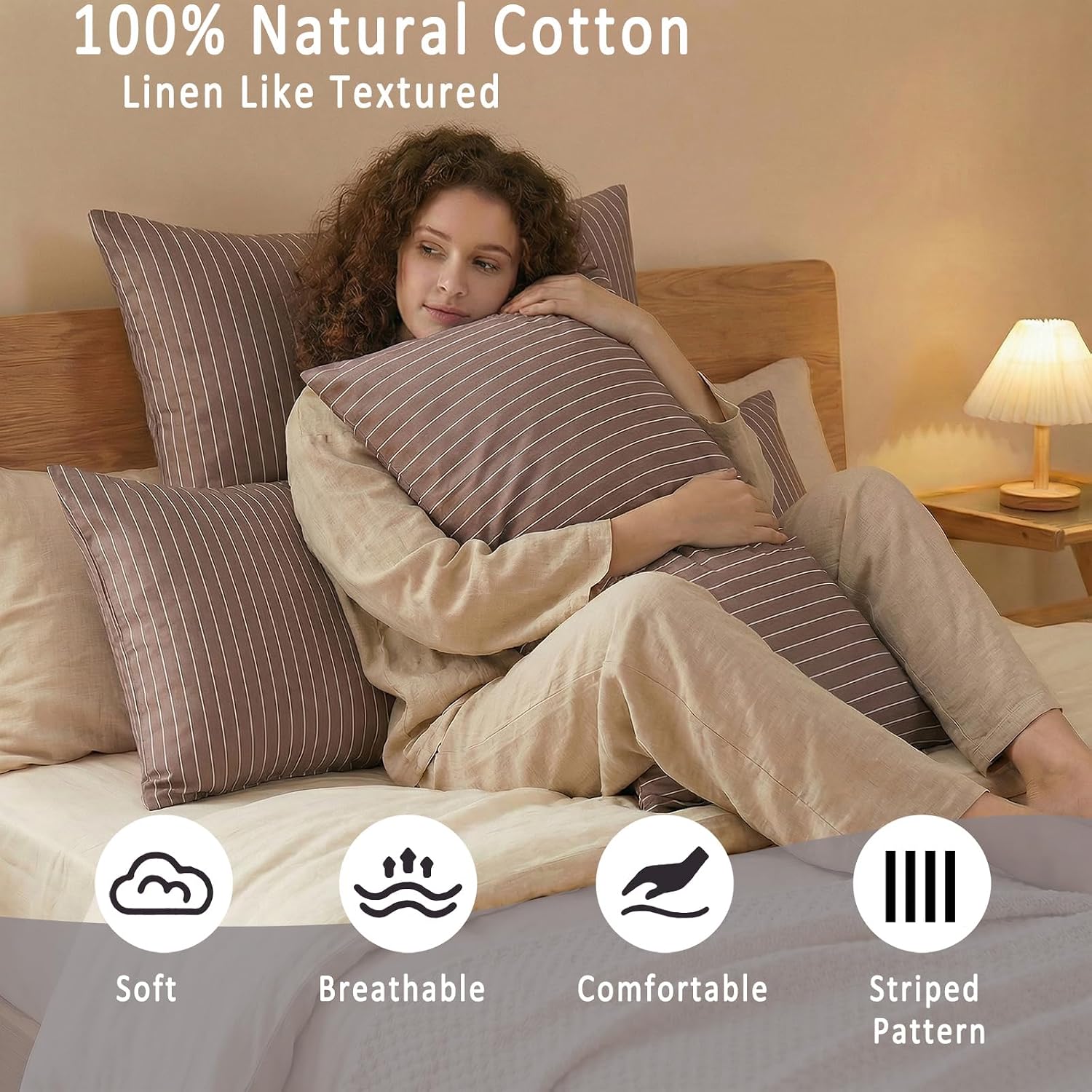 Merryword Brown Striped Pillowcases, 100% Cotton Pillow Cases, King Size Pillowcases, Luxury Linen Like Pillowcase, Soft Breathable Pinstri…