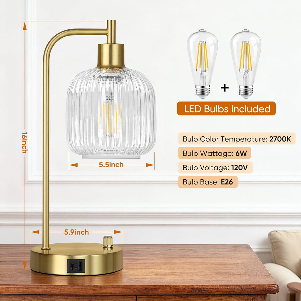 QiMH Industrial Table Lamp for Bedroom Set of 2, Clear Glass Beside Lamp with USB A&C Ports, Stepless Dimmable Gold Lamps, Nightstand…