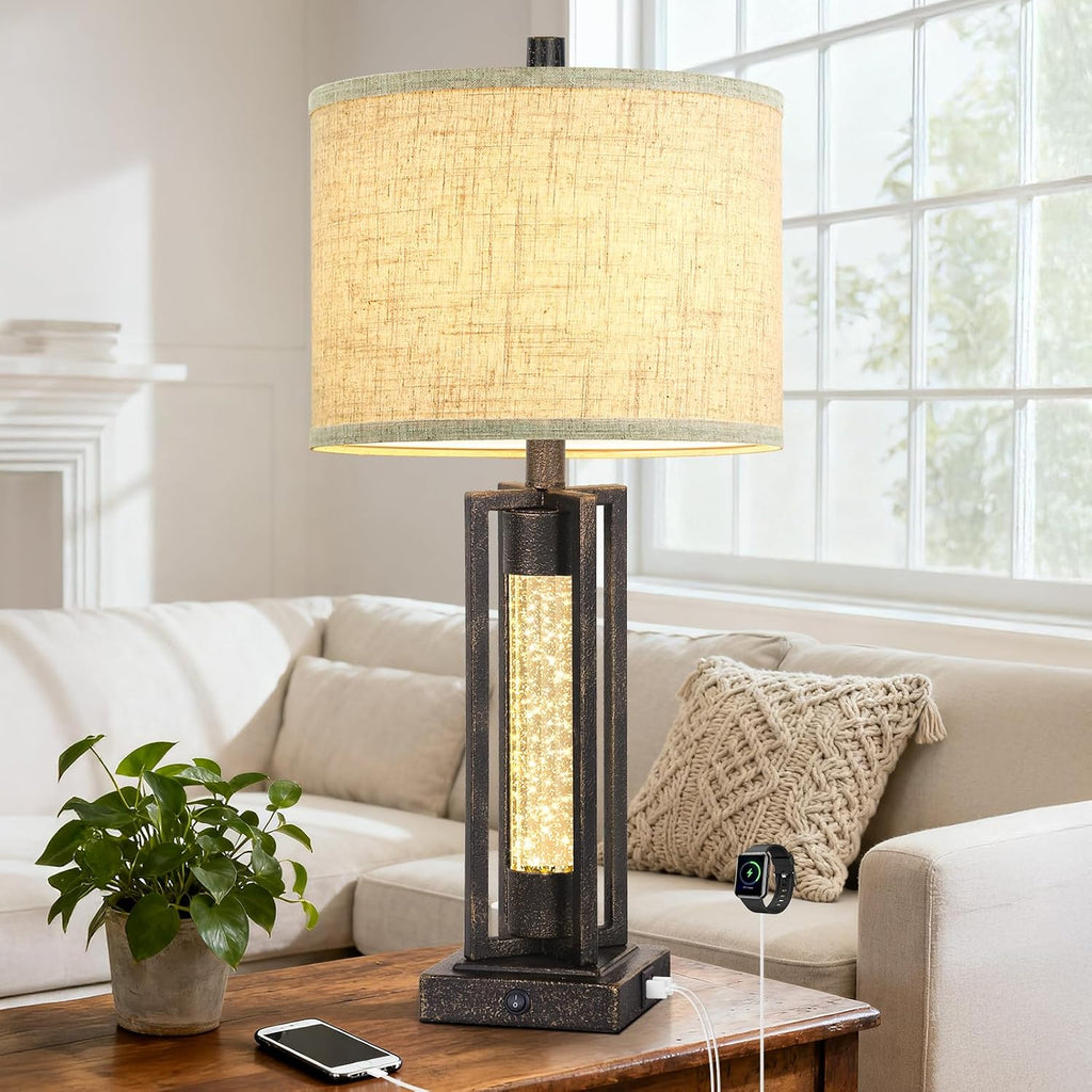Tobusa 26’’ Farmhouse Table Lamp for Living Room, Rustic Vintage Tall Nightstand Lamp for Bedroom with 2 USB Ports and Crystal Night Light,…