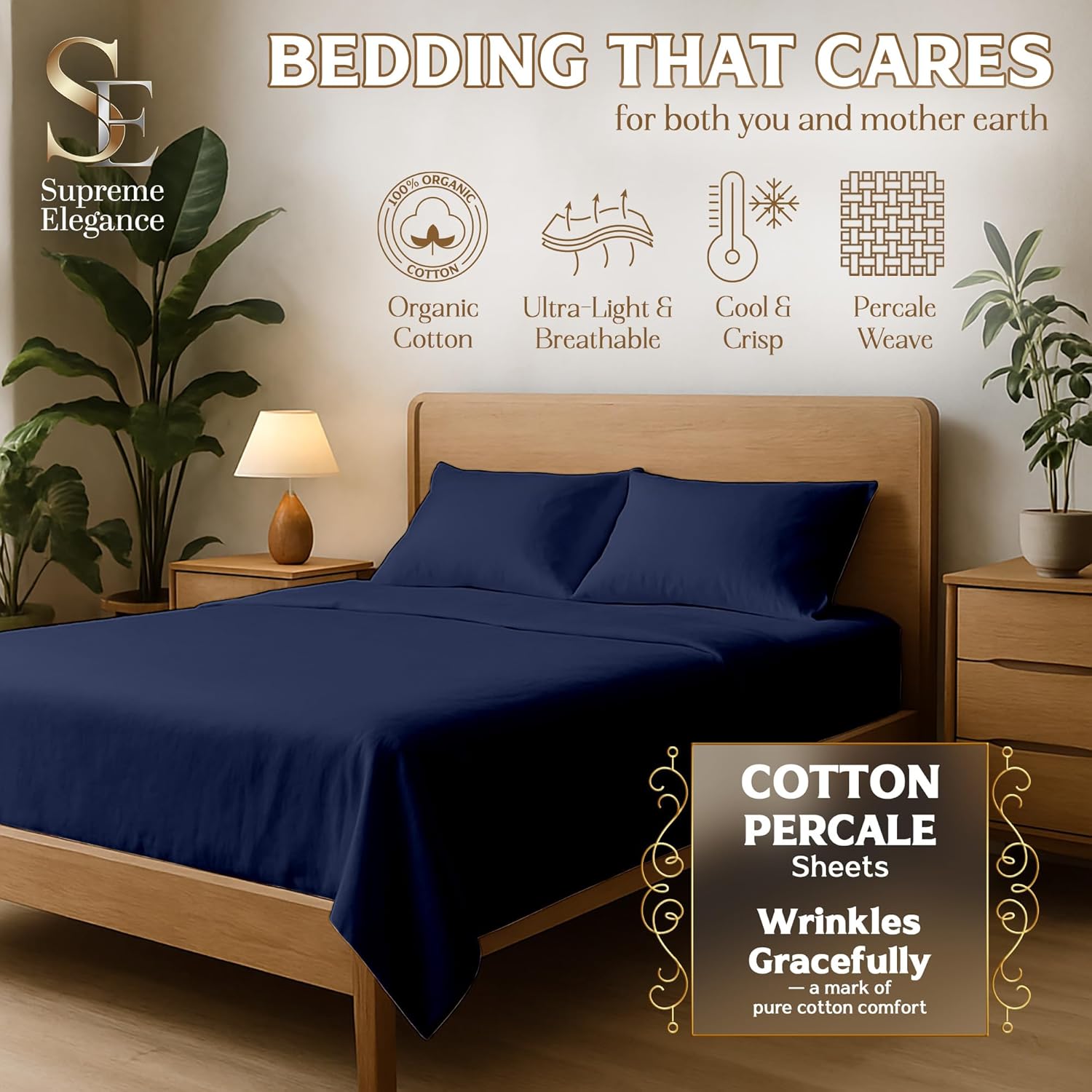 SupremeElegence SUPREME ELEGANCE 4Pc 100% Organic Cotton King Size Sheets Set, Dark Blue, Cooling Percale, Deep Pocket Fitted Sheet, Fits M…