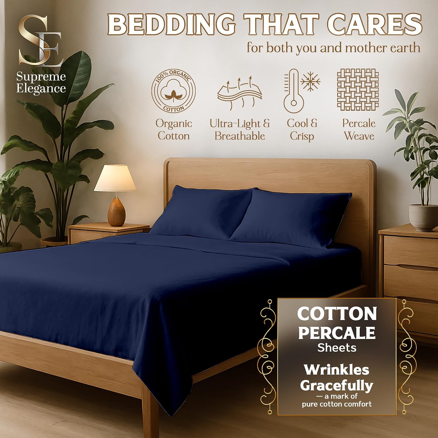 SupremeElegence SUPREME ELEGANCE 4Pc 100% Organic Cotton Full Size Sheets Set, Dark Blue, Cooling Percale, Deep Pocket Fitted Sheet, Fits M…