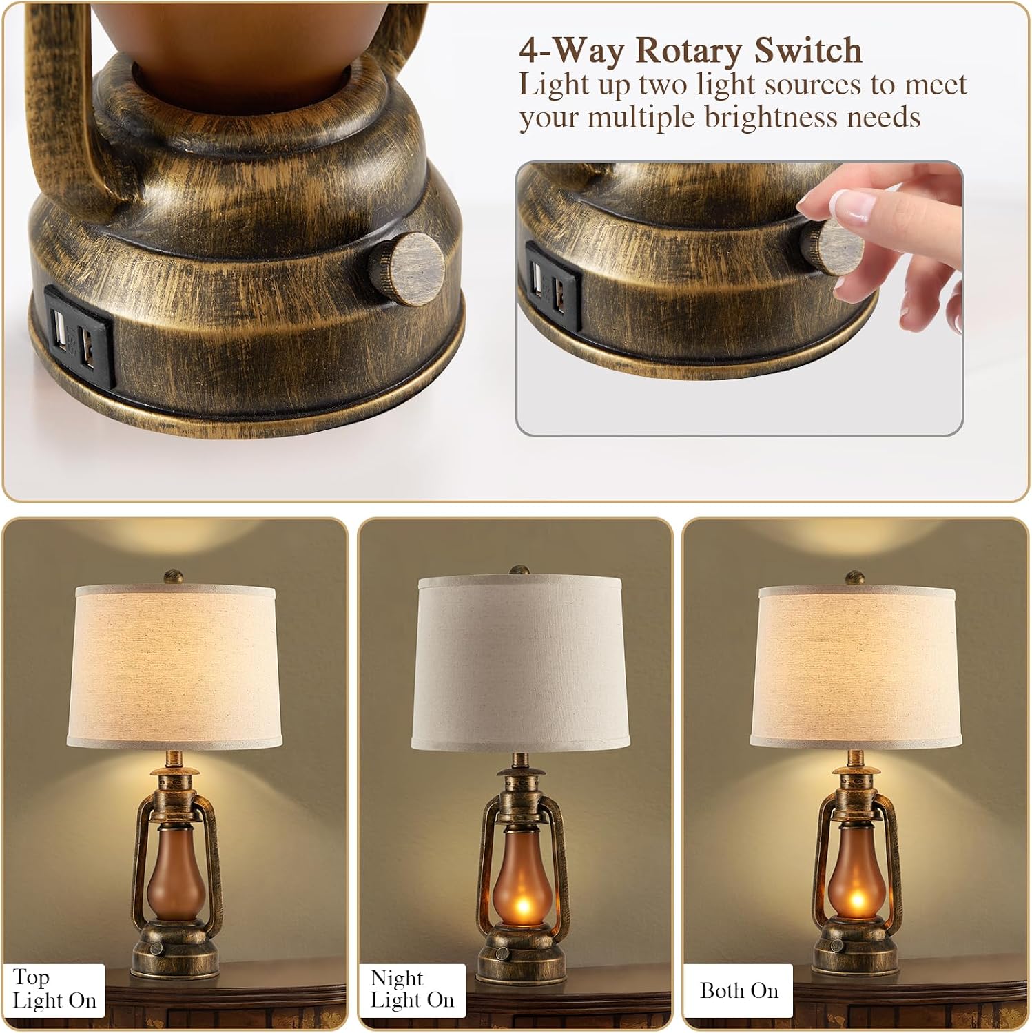 25" Set of 2 Rustic Lantern Table Lamps for Living Room Bedroom, 2 USB Ports Farmhouse Vintage Bedside Desk Lamp Nightlight for Entryway…