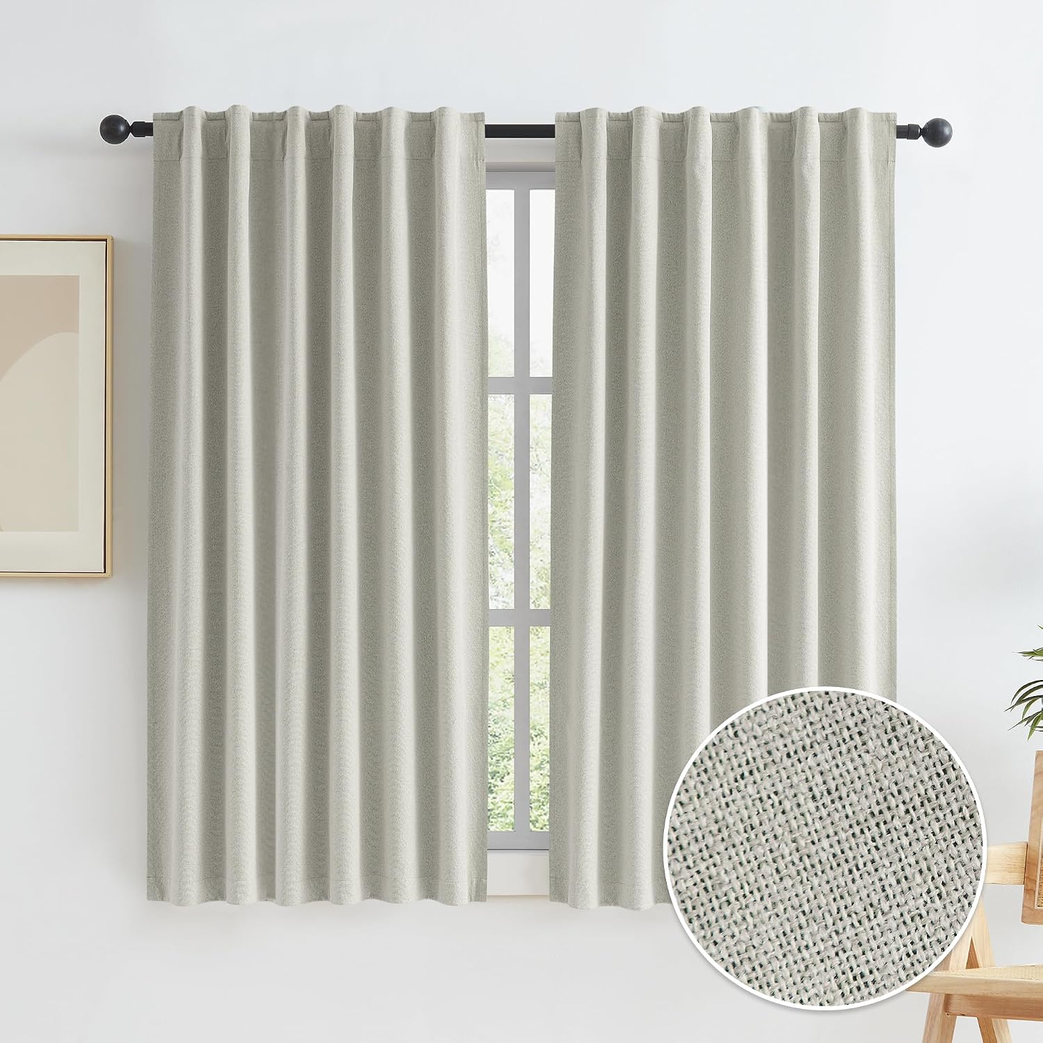 Keqiaosuocai Greyish Beige 100% Blackout Linen Curtains, Completely Thermal Insulated Window Treatment Panels for Bedroom Nursery Hook Belt…
