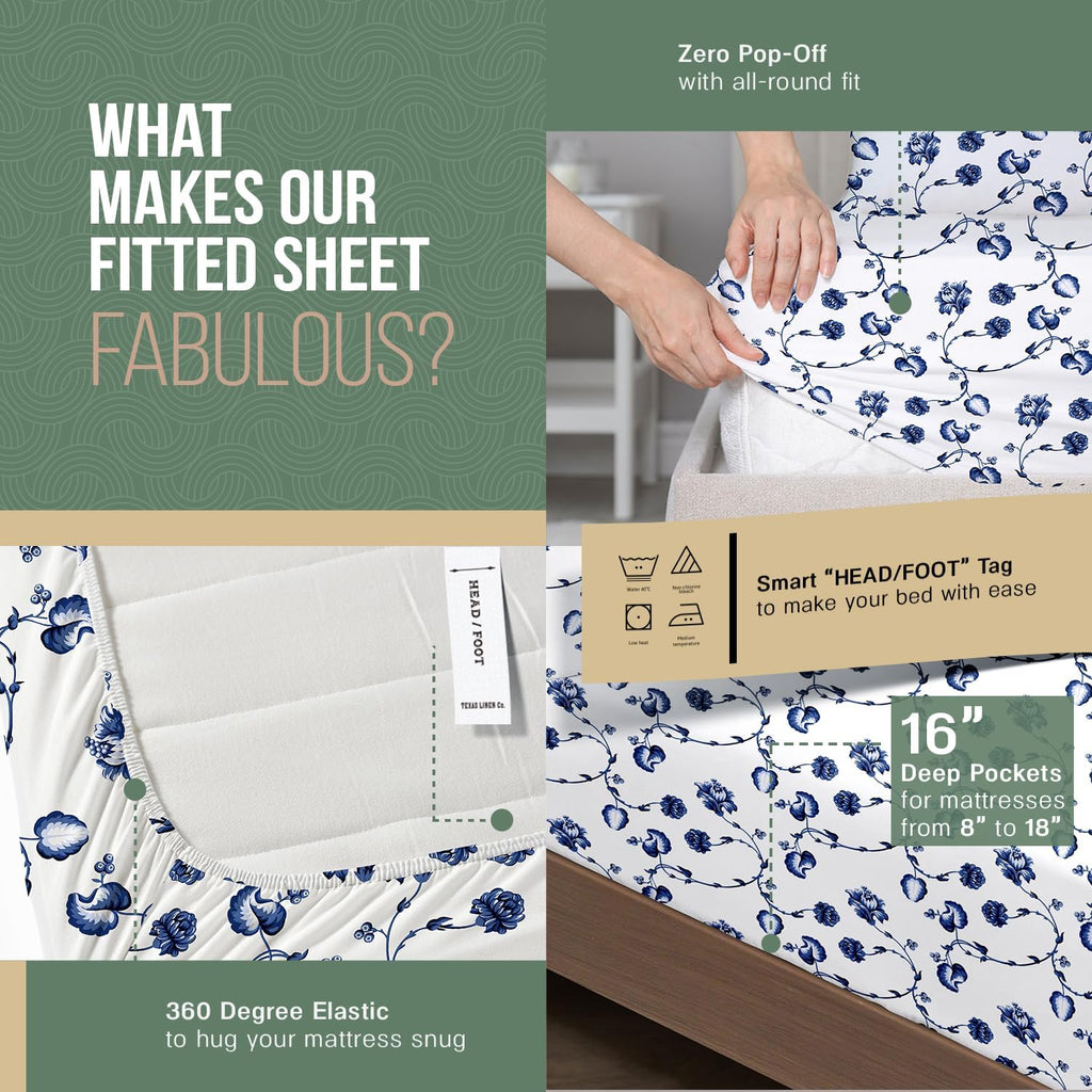 TEXAS LINEN CO. 100% Organic Cotton Sheets California King Size - 4 PC Organic Cotton Cal King Size Percale Printed Sheet Set, Soft…