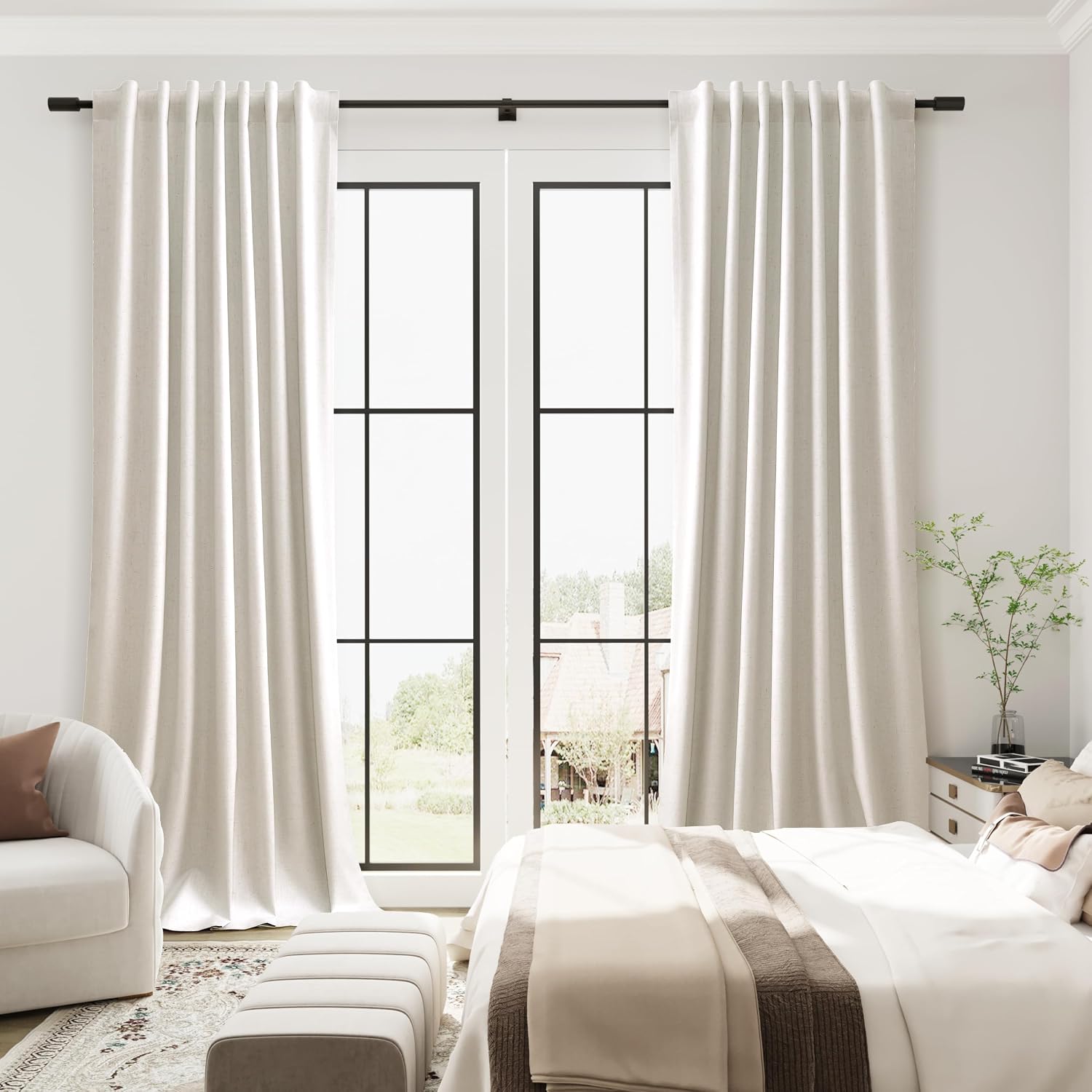 Guken Cream Natural 100% Blackout Linen Bedroom Curtains 100 Inches Long 2 Panel Sets Back Tab Beige Farmhouse Black Out Room Darkening The…