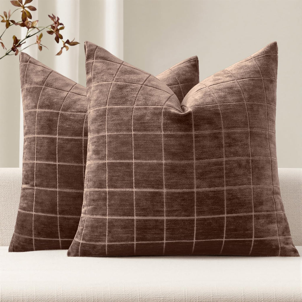 Miulee Decorative Chenille Check Throw Pillow Covers Vintage Plaid Couch Pillows 24x24 Inch Set of 2 Neutral Boho Farmhouse Cushion Covers…