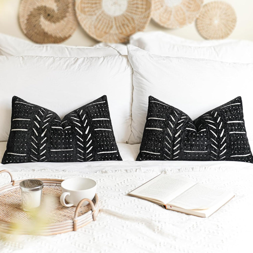 BlissBlush Black Decorative Lumbar Throw Pillow Covers 12X20, Set of 2, Boho Farmhouse Cushion Cover, Soft Accent Pillowcase for Couch…