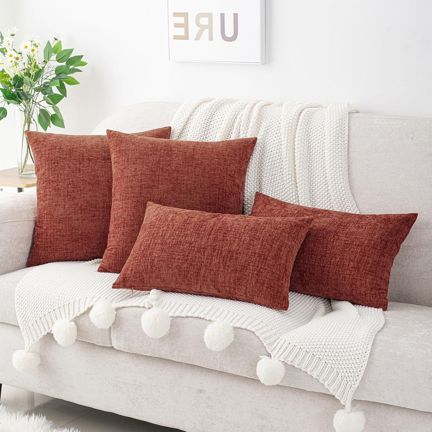 Hwy50 HWY 50 Burnt Orange Couch Pillow Covers 20x20 Inch Pack of 2, Soft Chenille Decorative Throw Pillow Cases Farmhouse Fall for Sofa Liv…