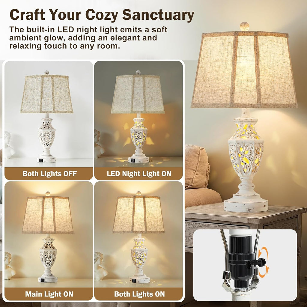 EJIAXIN Lamps for Night Stands Set of 2-23.5" Boho Bedside Lamp with USB A+C and Nightlight - Cream Rustic Carved Resin Farmhouse Table…