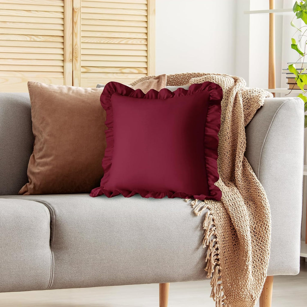 KKJIAF Ruffle Pillow Cases 26x26 Inches, Burgundy Square Ruffled Pillow Covers Set of 2, Microfiber Wrinkle Resistant Pillow Shams with…