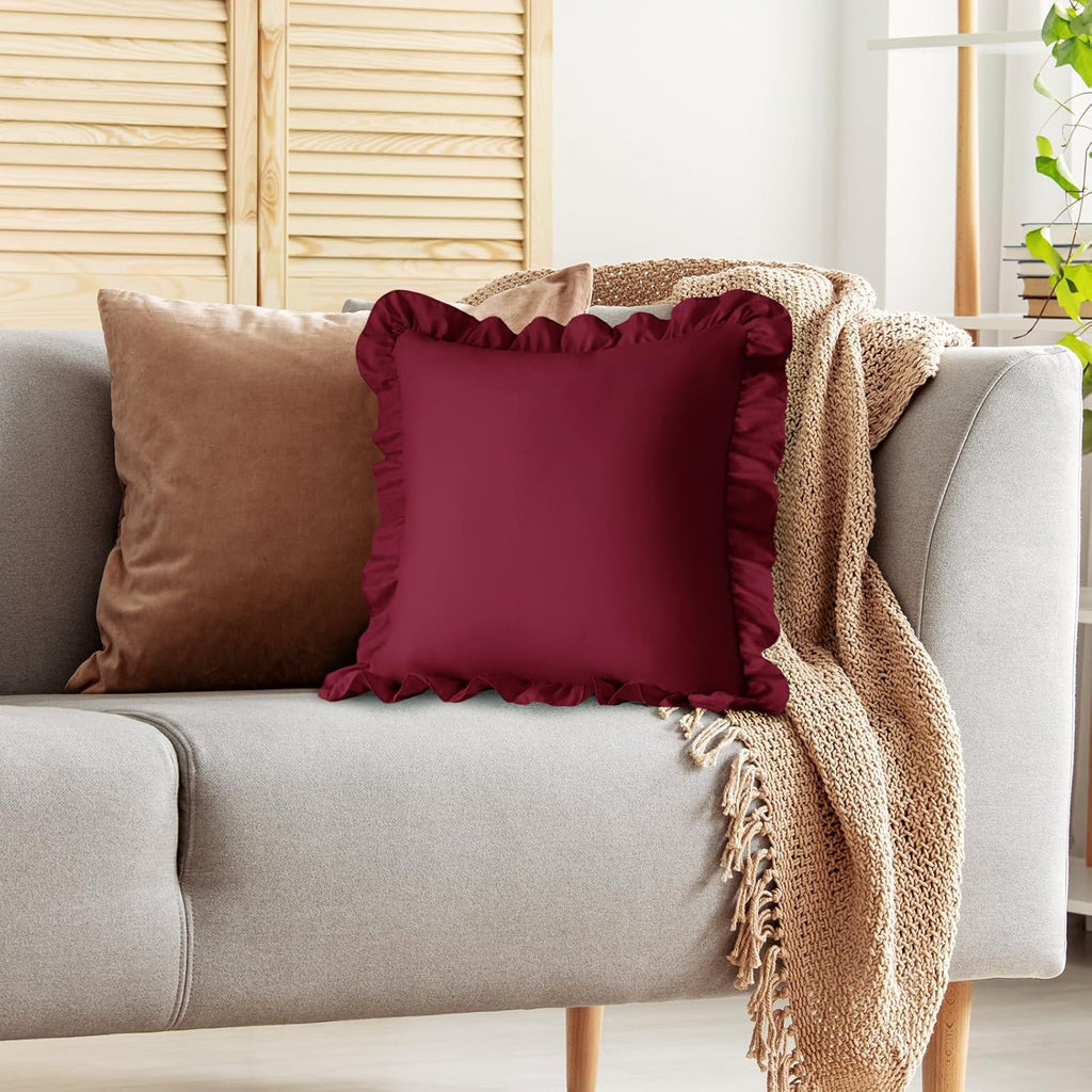 KKJIAF Ruffle Pillow Cases 22x22 Inches, Burgundy Square Ruffled Pillow Covers Set of 2, Microfiber Wrinkle Resistant Pillow Shams with…