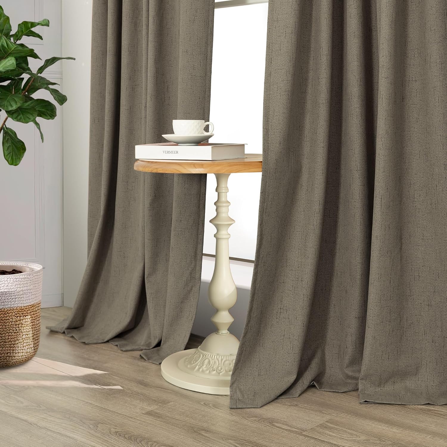 Pitalk Brown Extra Long Blackout Curtains 108 Inch Long 9ft Back Tab Pocket Light Brown Linen Textured Curtain Drape for Living Room Bedroo…