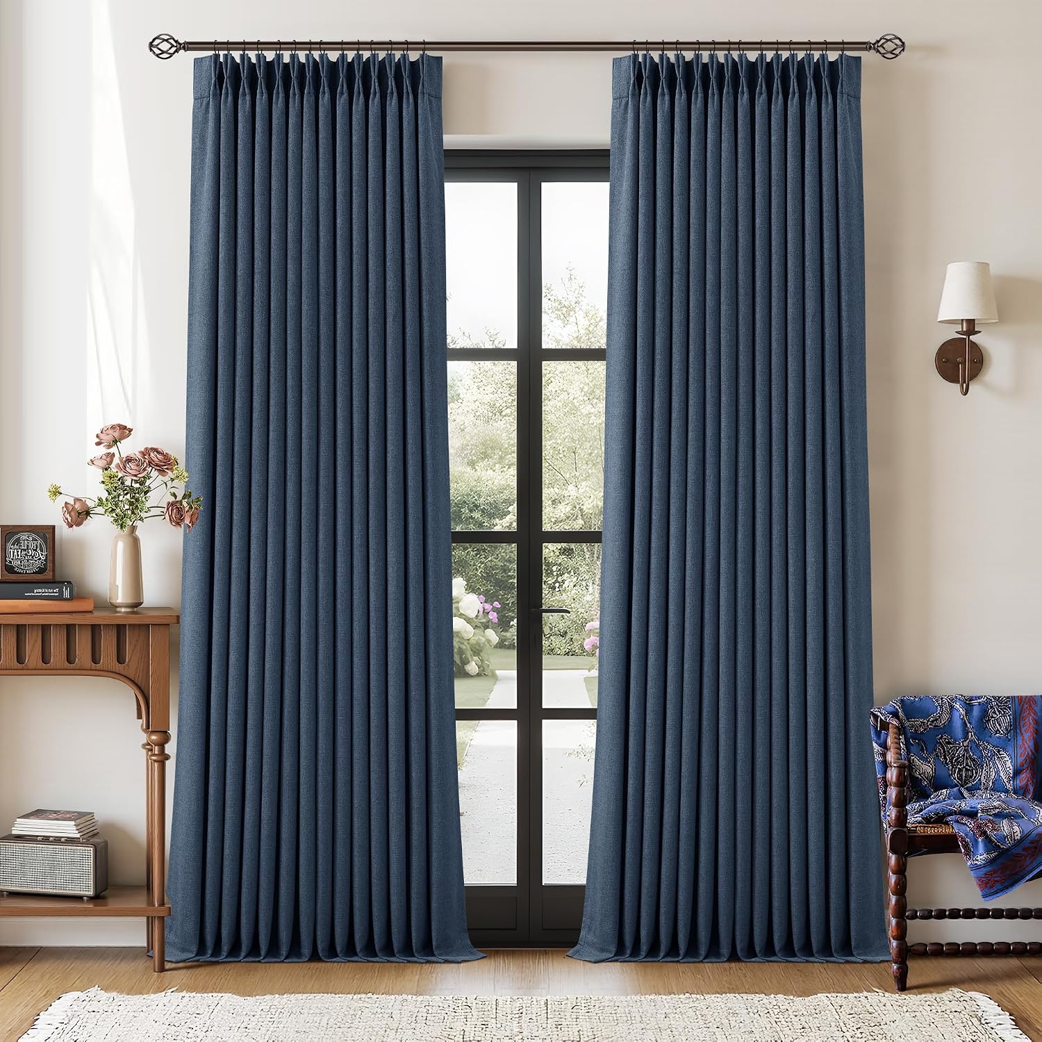 90 Inch Pinch Pleated Blackout Linen Curtains for Bedroom 2 Panels Memory Trained 100% Black Out Soundproof Room Darkening Navy Window…