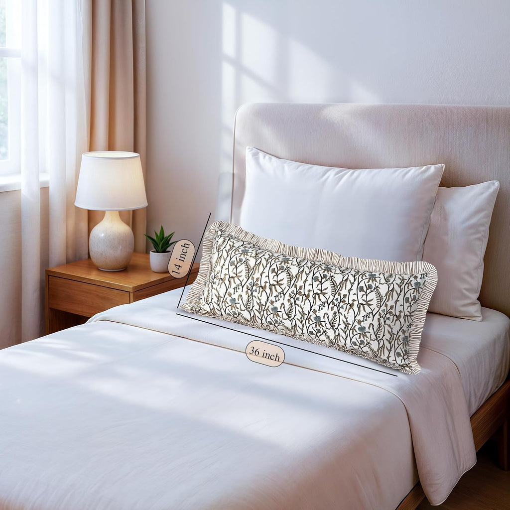 Cottonprintclub CPC Hand Block Print Cocoa Vine Ruffle Sham Pillow Cover 36" x 14" inch Hidden Zipper Decorative Pillowcase for Couch, Bed,…