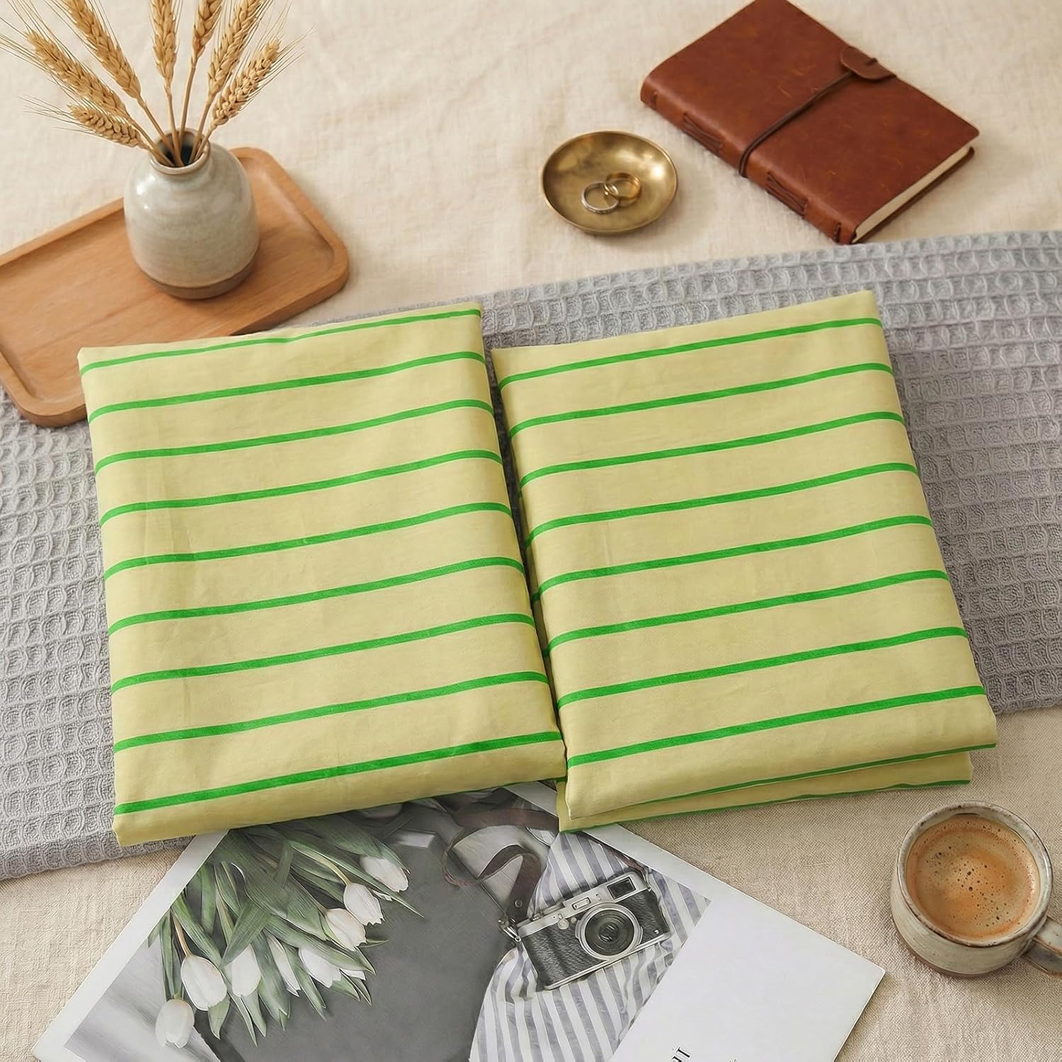Merryword 100% Cotton Pillow Cases, Standard Size Pillowcases, Khaki & Green Striped Pillowcases, Luxury Linen Like Pillowcase, Soft Breath…